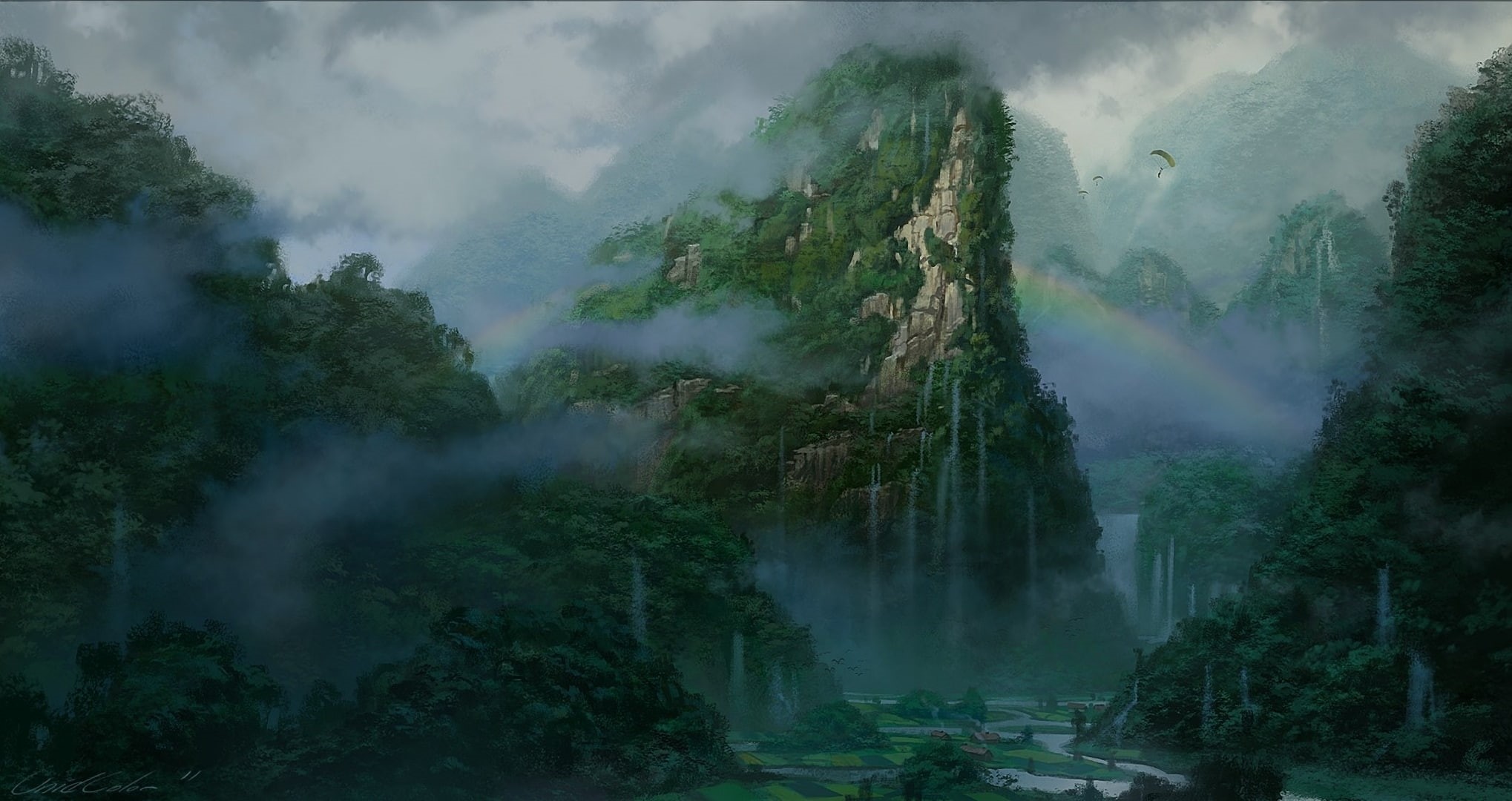 1080P, skydiving, travel, rivers, jungles, mist, fog, nature, diving, mountains, magic, fantasy, streams, trees, rainbow, tropical, rocks, art, water, HD Wallpaper