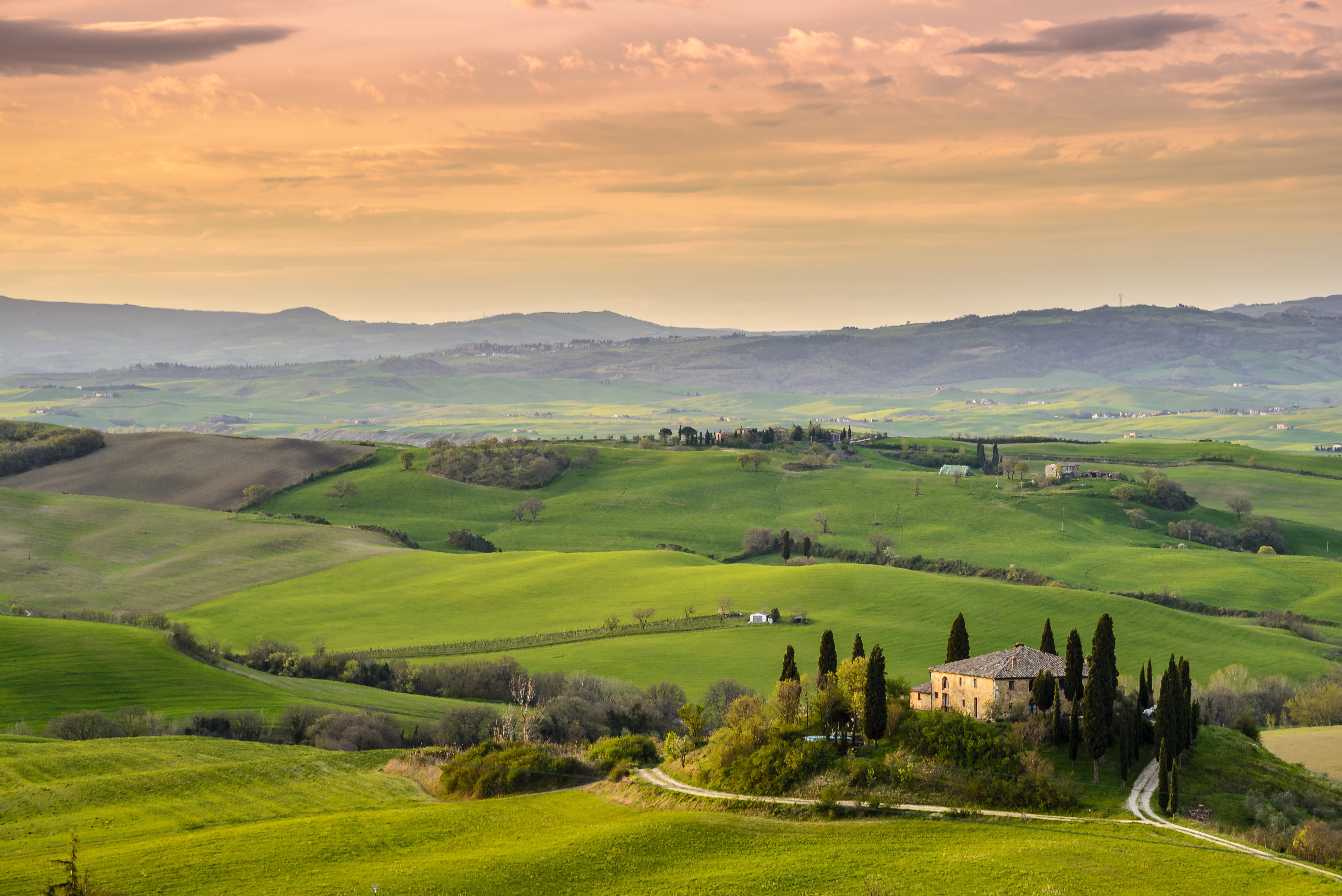 yellow, siena Province, mountain, farm, grasses, photo, orcia, Tuscany, landscape, landscaped, rural Scene, d, summer, agriculture, house, Europe, pienza, HD Wallpaper