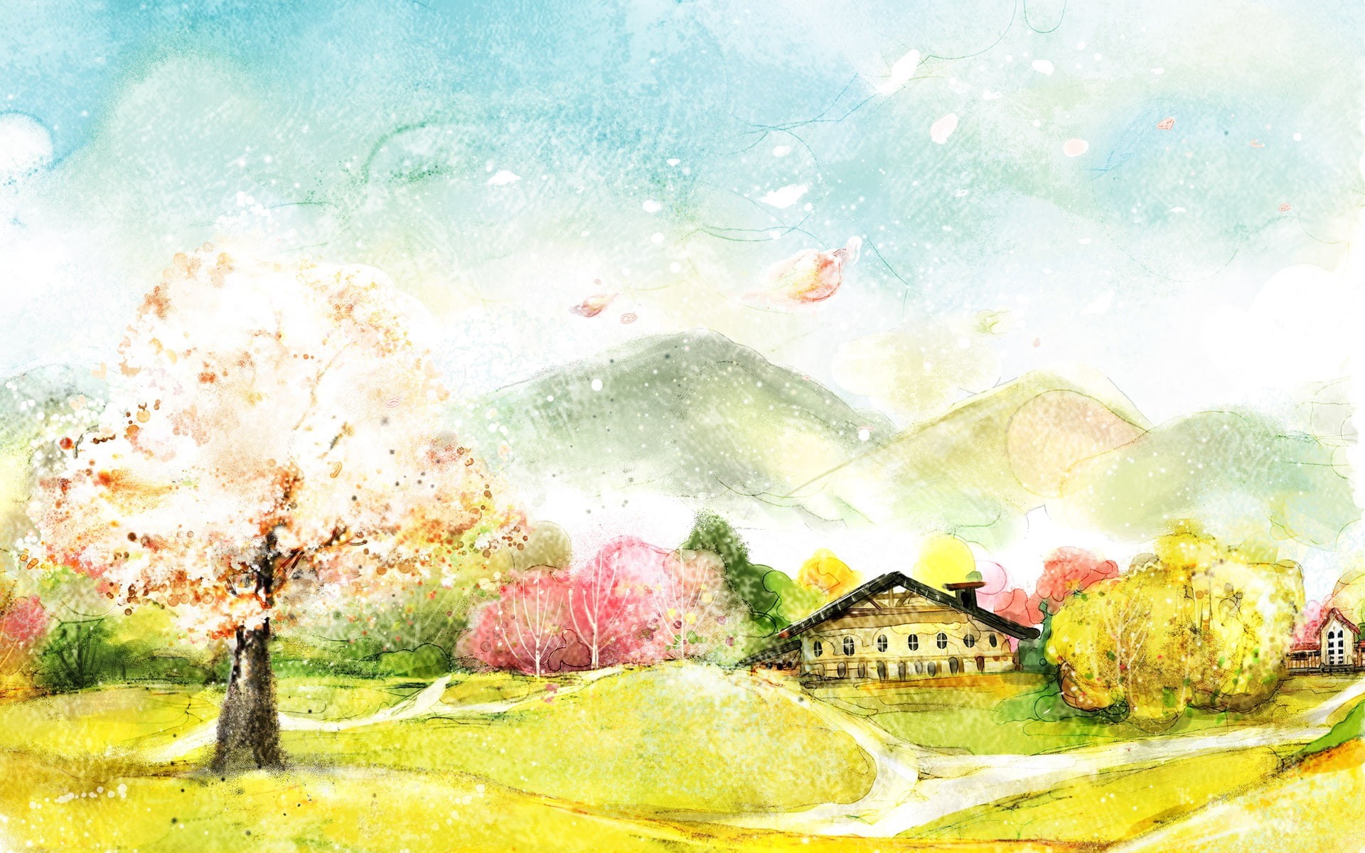 1080P, scenery, house, art, painting, digital, mountains, digital art, trees, HD Wallpaper
