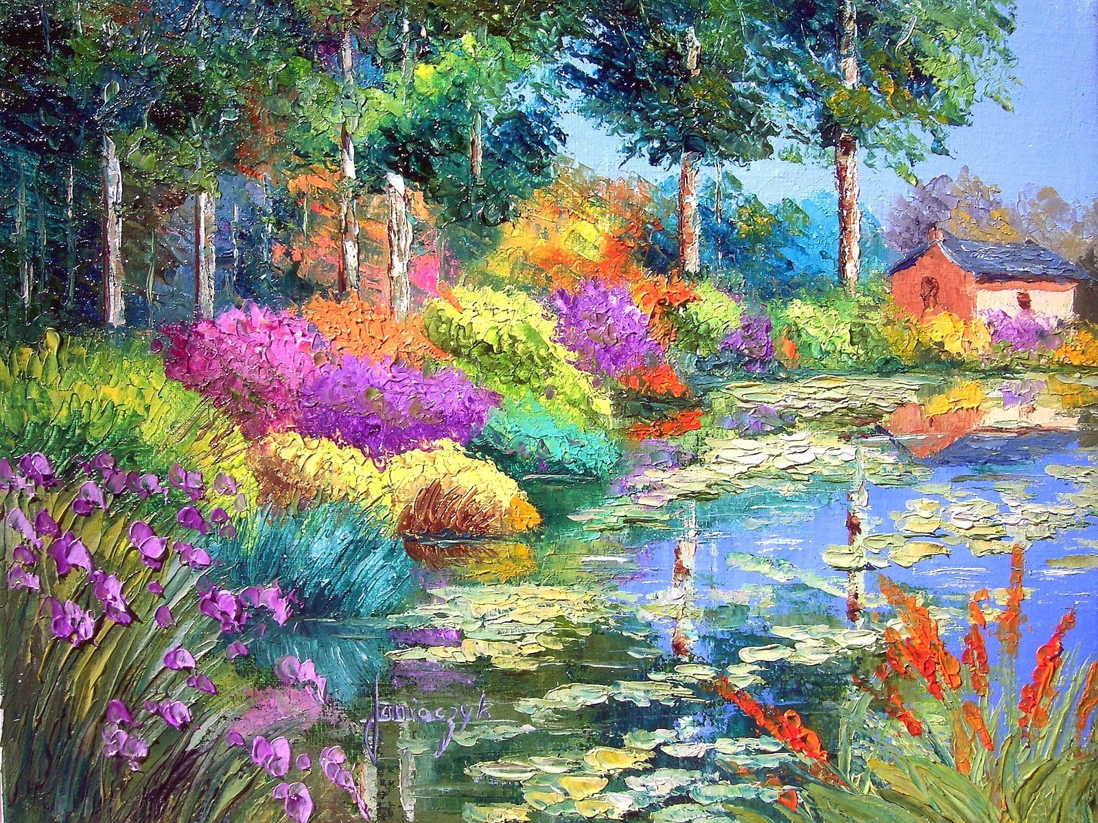 oil, pond, house, landscape, 720P, trees, oil painting, garden, flowers, painting, hd, abstract, HD Wallpaper