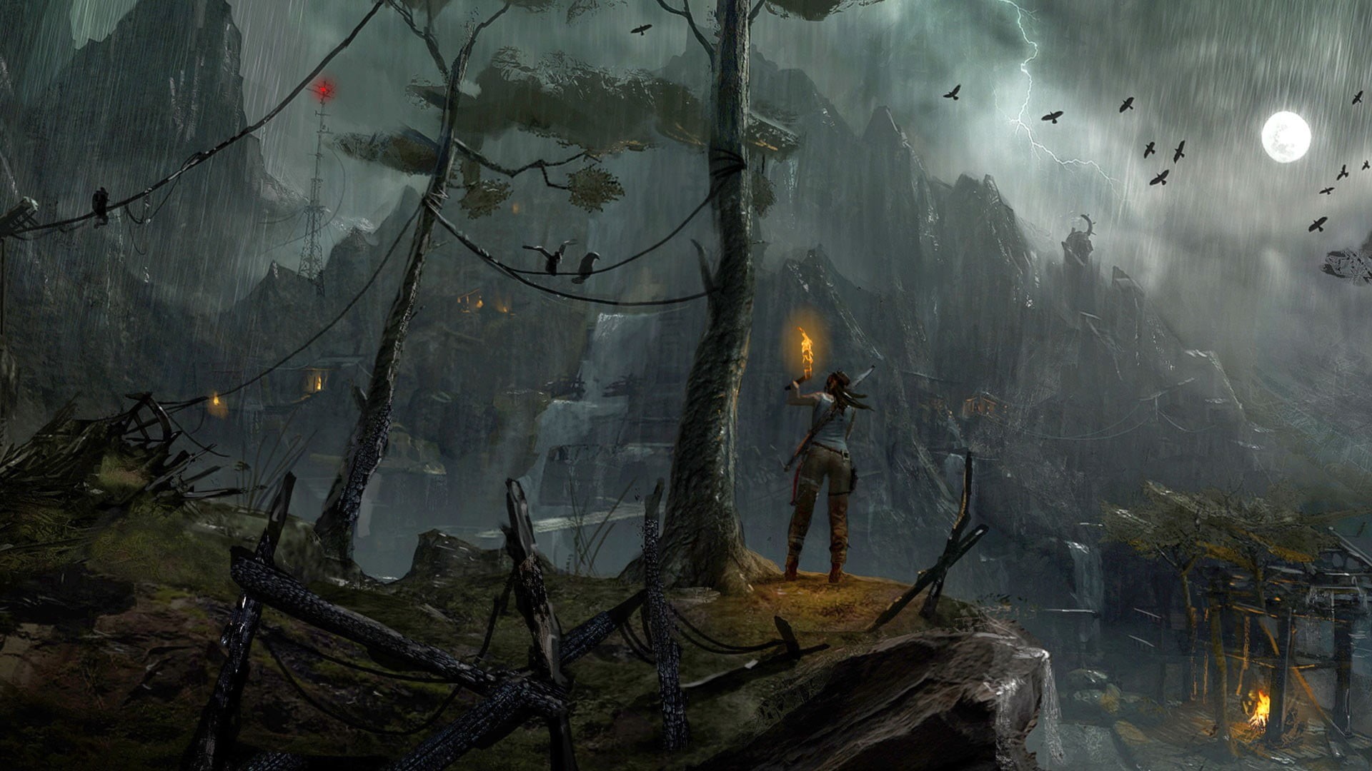 video games, near, standing, 1080P, forest, outdoors, reflection, sea, storm, torch, temple, night, architecture, spooky, trees, digital, water, HD Wallpaper