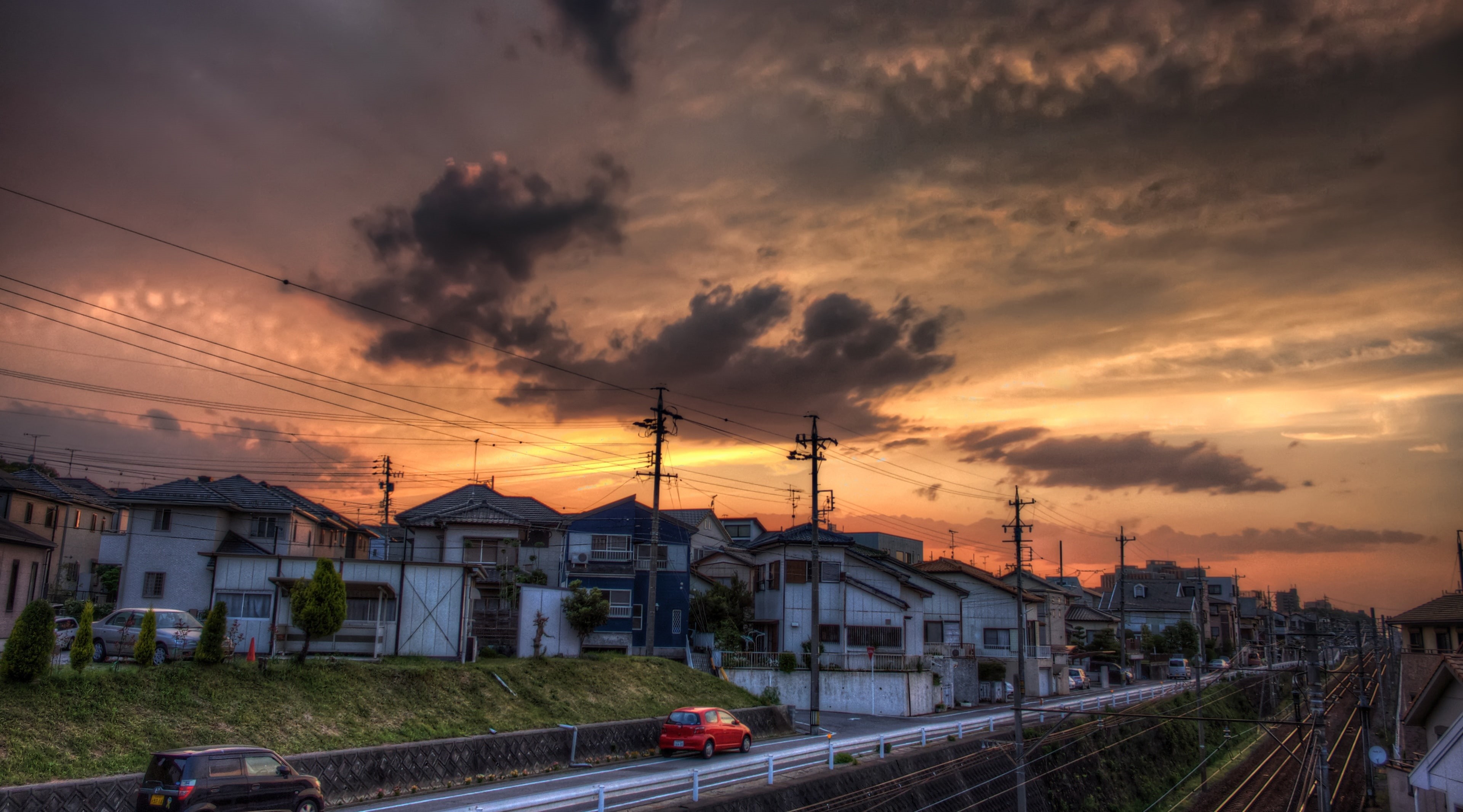 Okazaki City, power line, house, Chubu, sky, connection, orange color, 4K, prefecture, rail transportation, electricity pylon, cloud - sky, Landscape, HD Wallpaper
