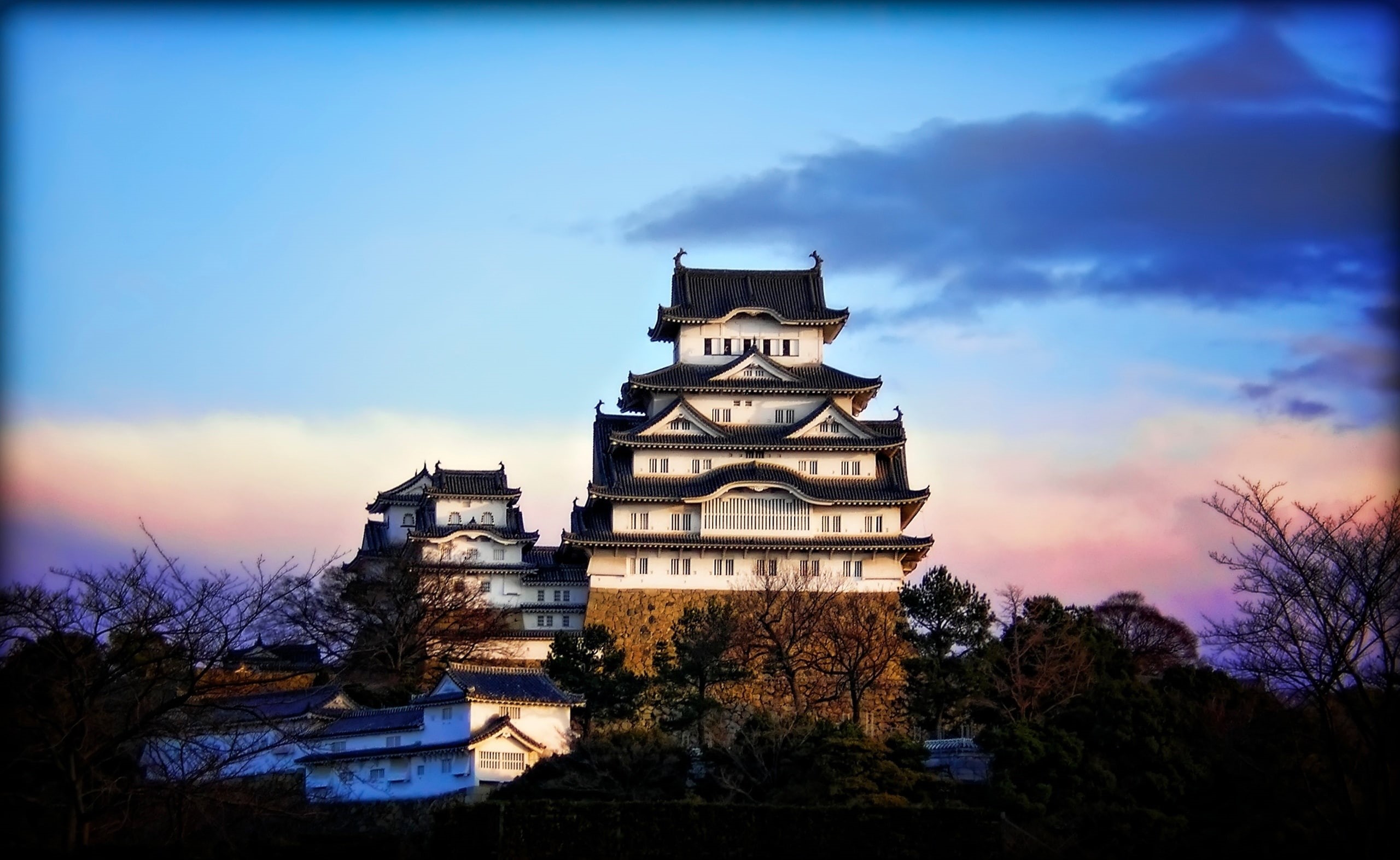 religion, Photography, japanese, Landscape, architecture, himeji, Purple, nature, Castles, belief, Honshu, outdoors, Topaz Adjust, White, tree, Sunrise, HD Wallpaper