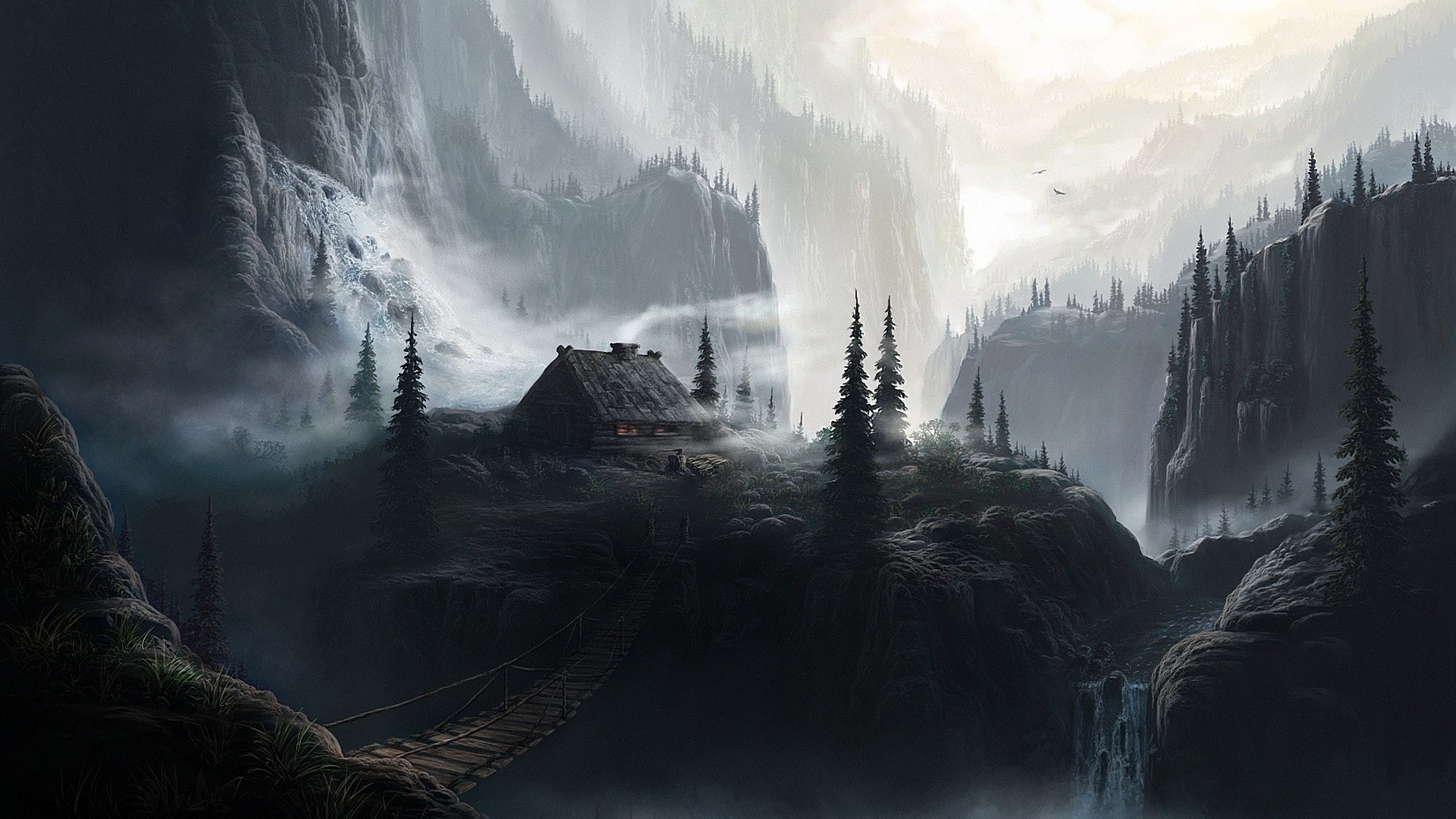 wood, nature, digital art, waterfall, pine trees, fantasy art, bridge, landscape, 1080P, mist, forest, mountains, house, trees, HD Wallpaper