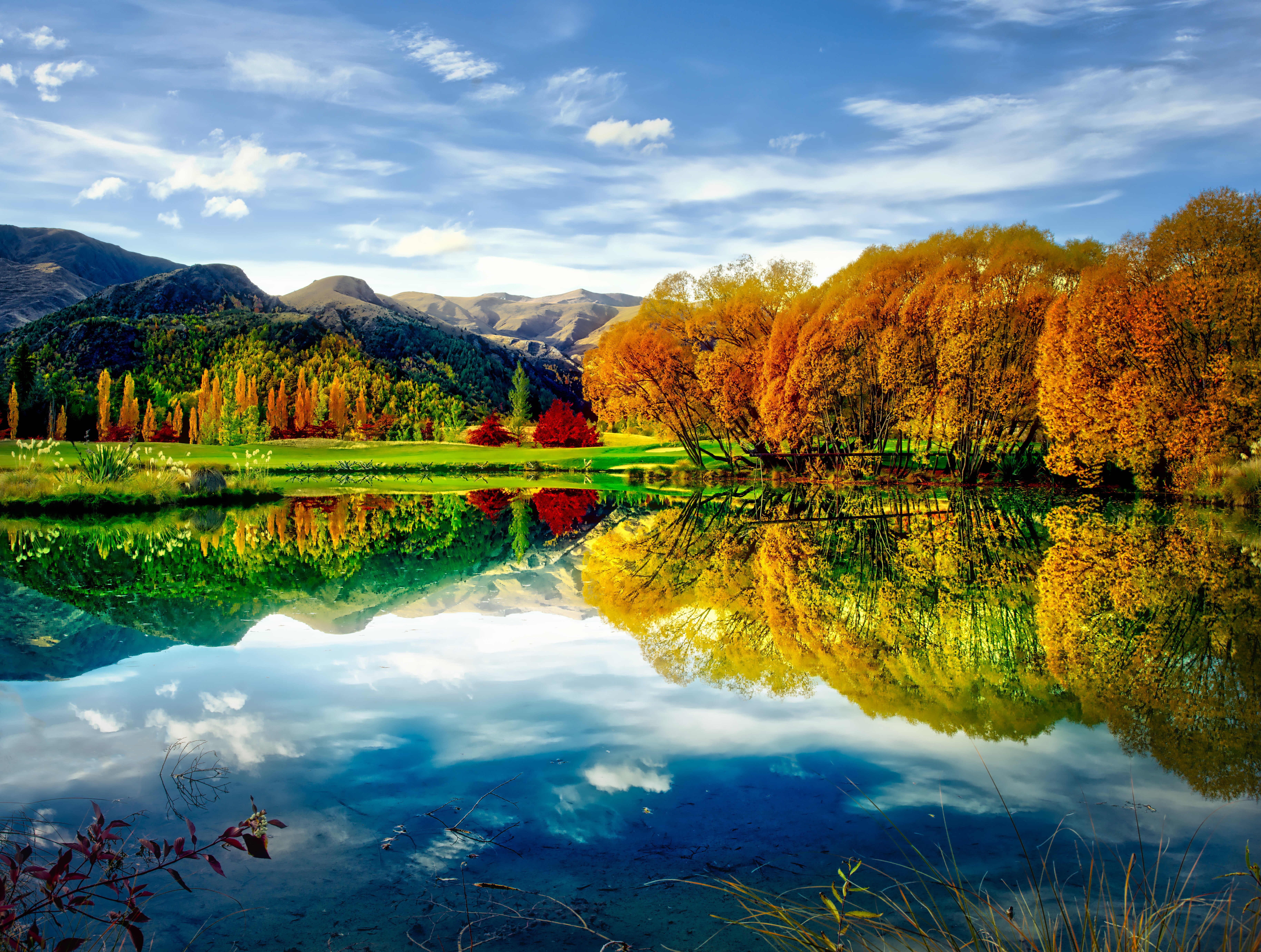 Stone, White, Queenstown, lake, serene, Tussock, Sun, nature, Red, com, waters, Hills, Metal, Reflection, cirrus, Autumn, landscape, Art, scenics, Green  Grass, HD Wallpaper