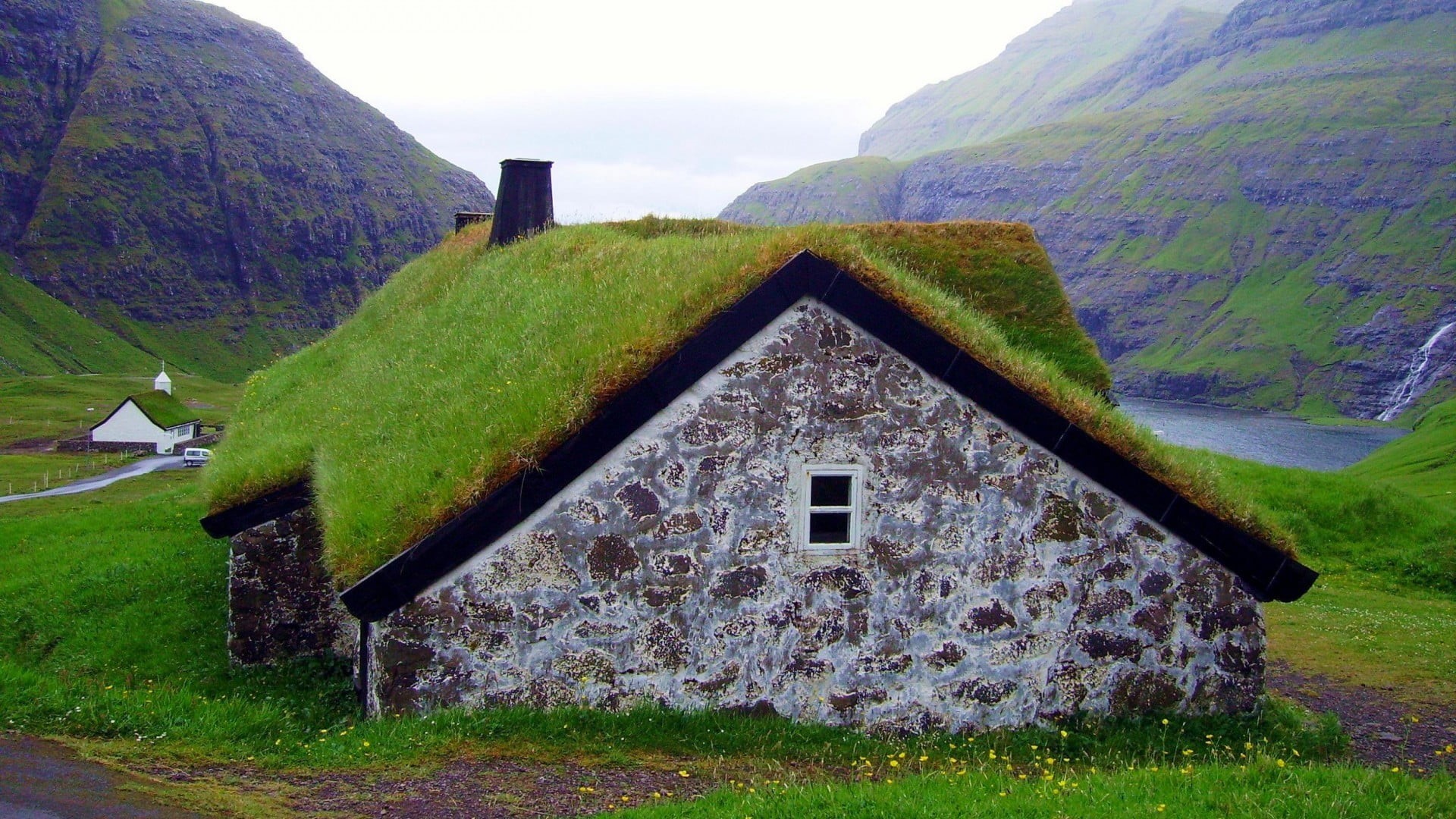 no people, mountain, beauty in nature, field, grass, landscape, rooftops, built structure, building exterior, environment, gray, building, day, sky, 1080P, HD Wallpaper