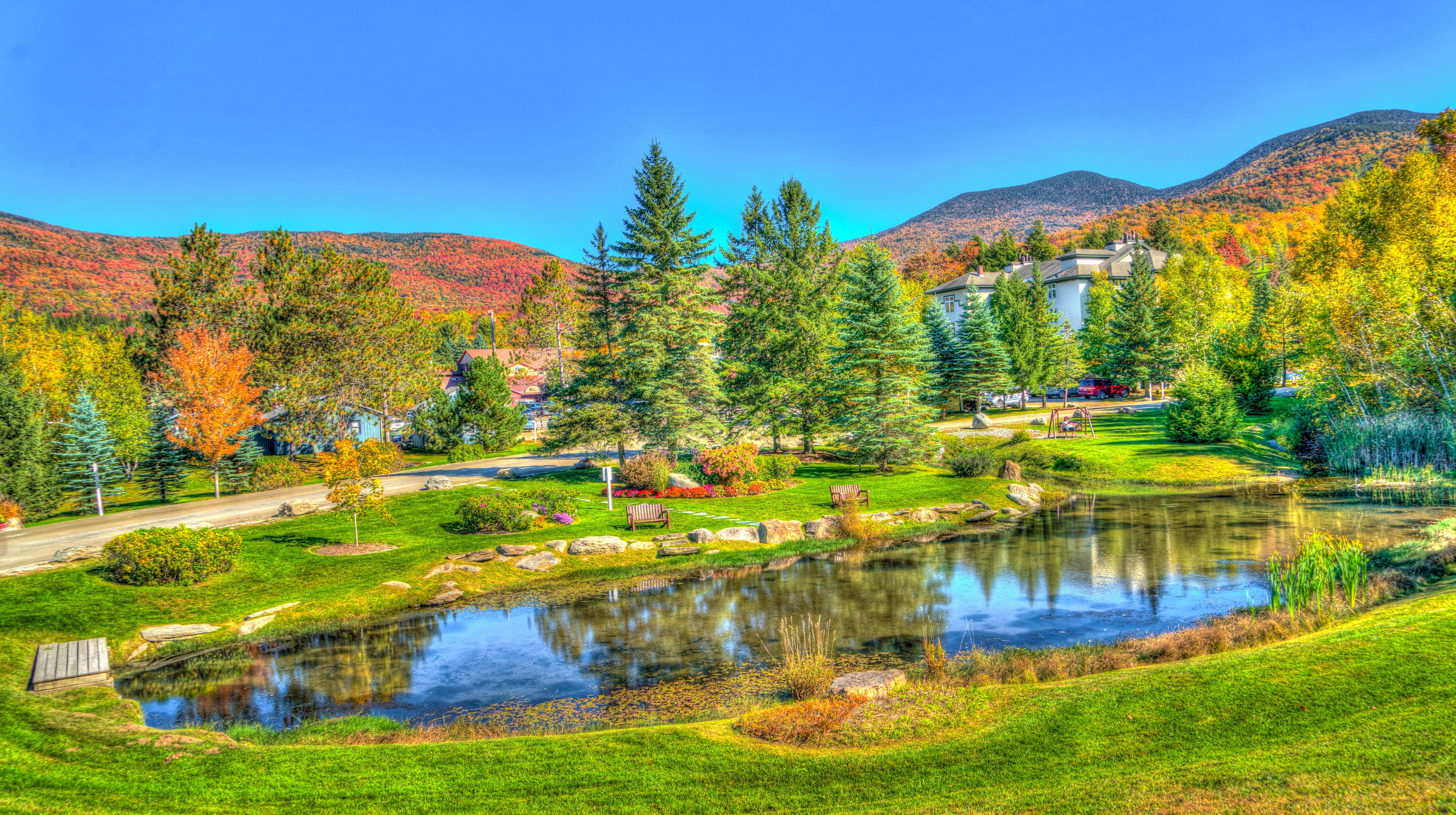 green, scenics, orange, scenics - nature, outdoors, foliage, environment, reflection, pond, multi colored, nature, beauty in nature, sky, stowe, autumn, HD Wallpaper