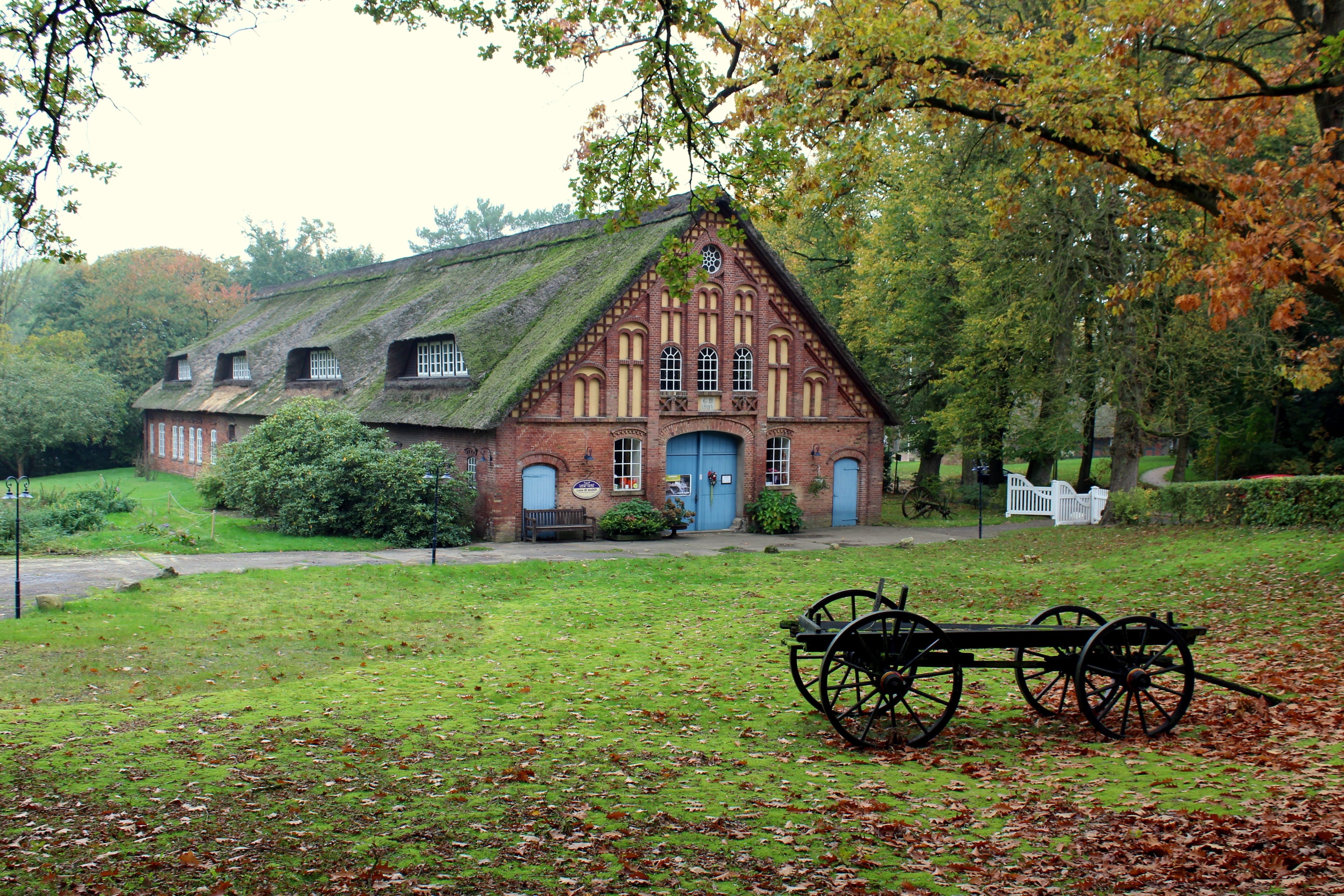 nature, carriage, old farmhouse, farmhouse, field, building, lower saxony, worpswede, bench, near, built structure, black, autumn, truss, old building, HD Wallpaper