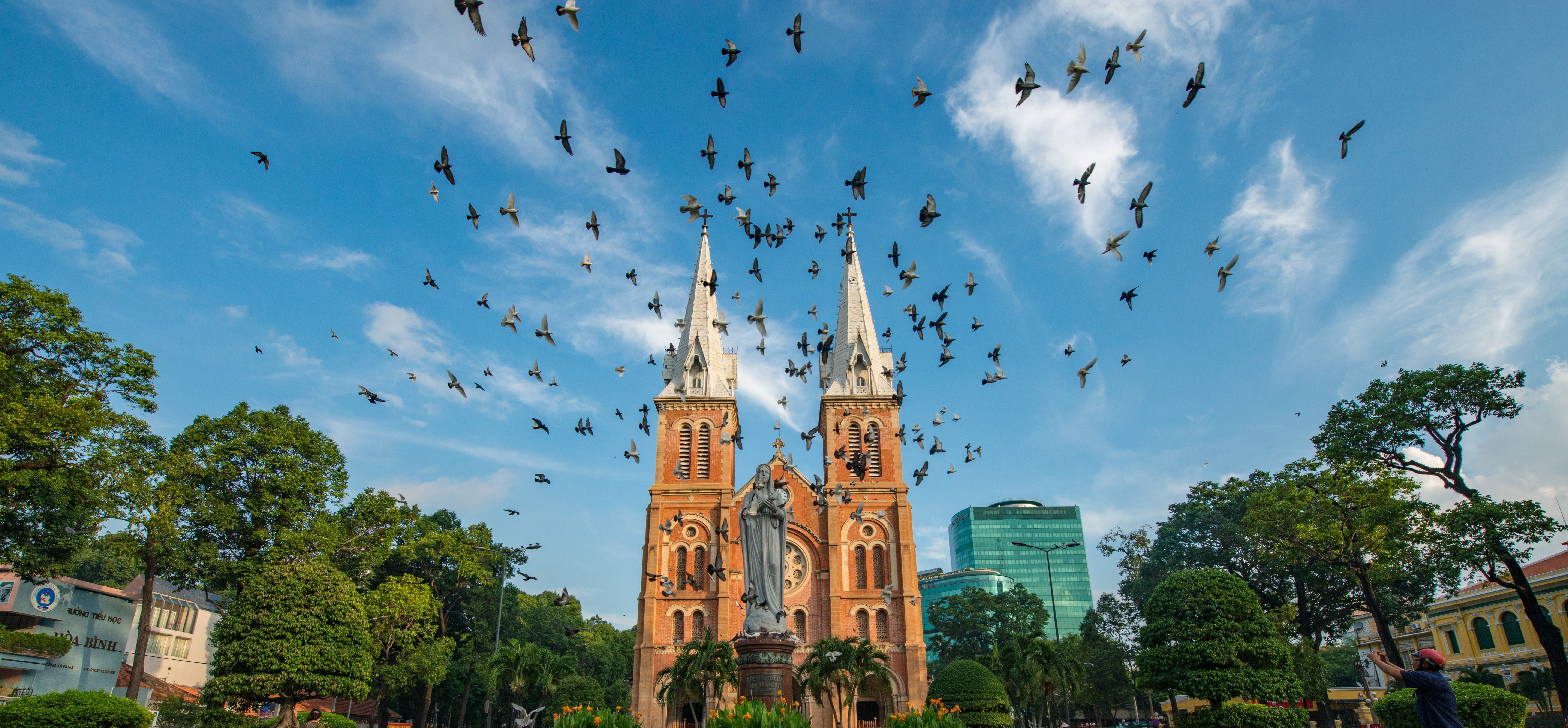 christianity, cloud - sky, vietnam, low angle view, building exterior, Notre-Dame Cathedral Basilica of Saigon, plant, tower, building, outdoors, sculpture, HD Wallpaper