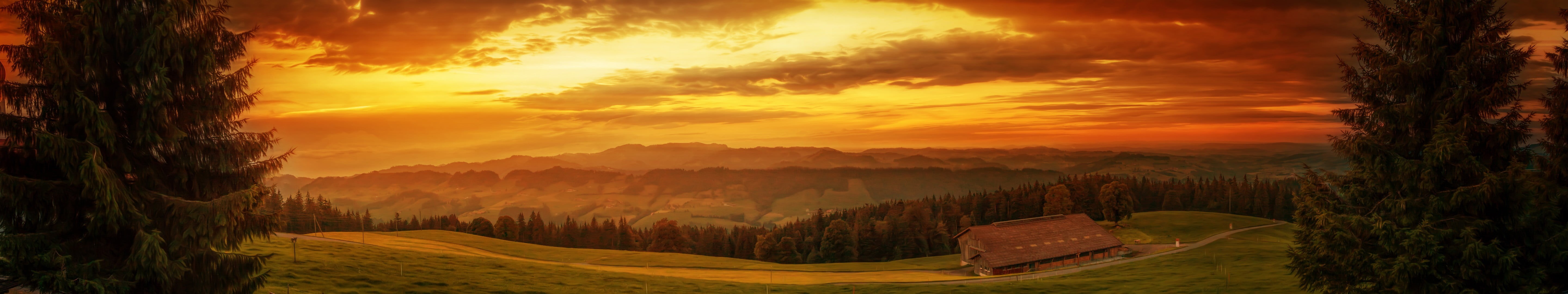 trees, house, gold, orange color, no people, fence, brown, sky, outdoors, sun, panorama, field, sunset, nature, bench, landscape, near, forest, hut, hills, HD Wallpaper