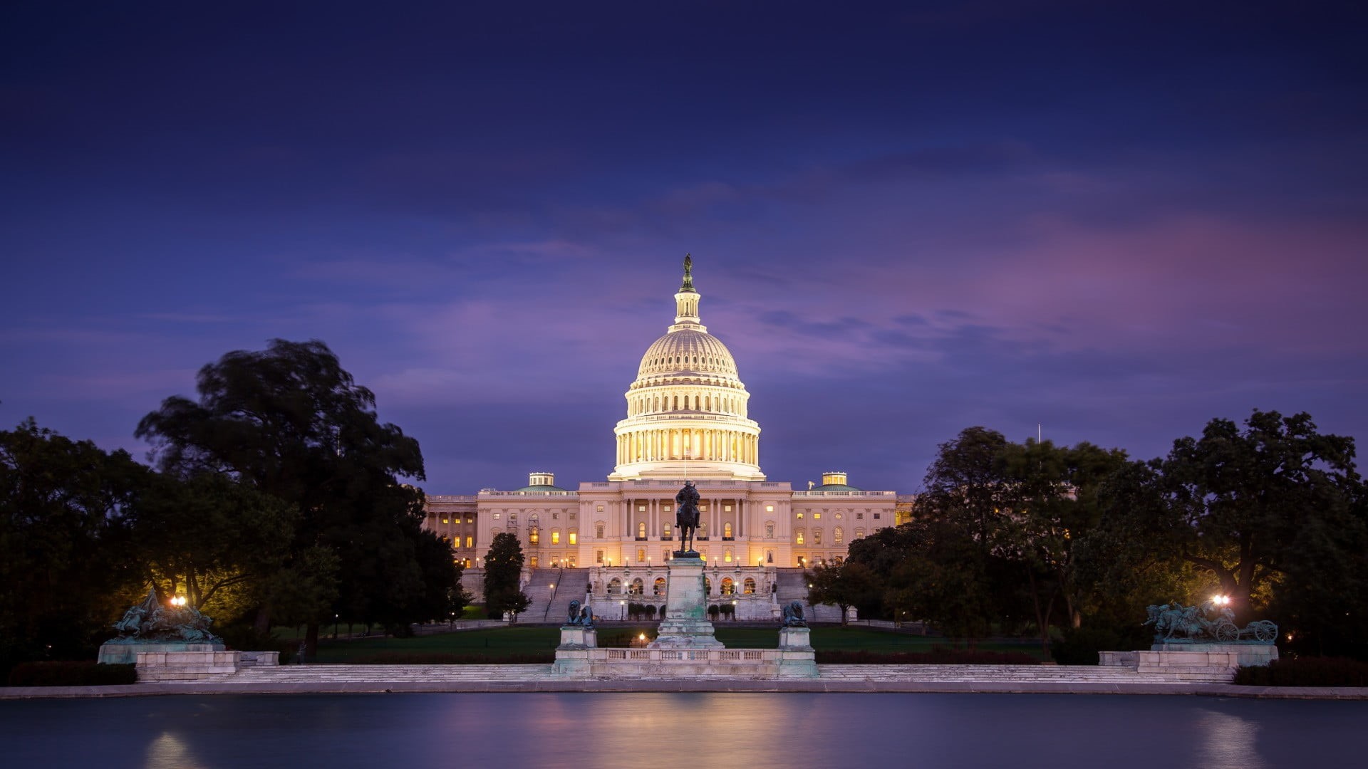 building, evening, D.C., USA, built structure, trees, no people, clouds, plant, nature, 1080P, travel destinations, night, water, white, statue, house, HD Wallpaper