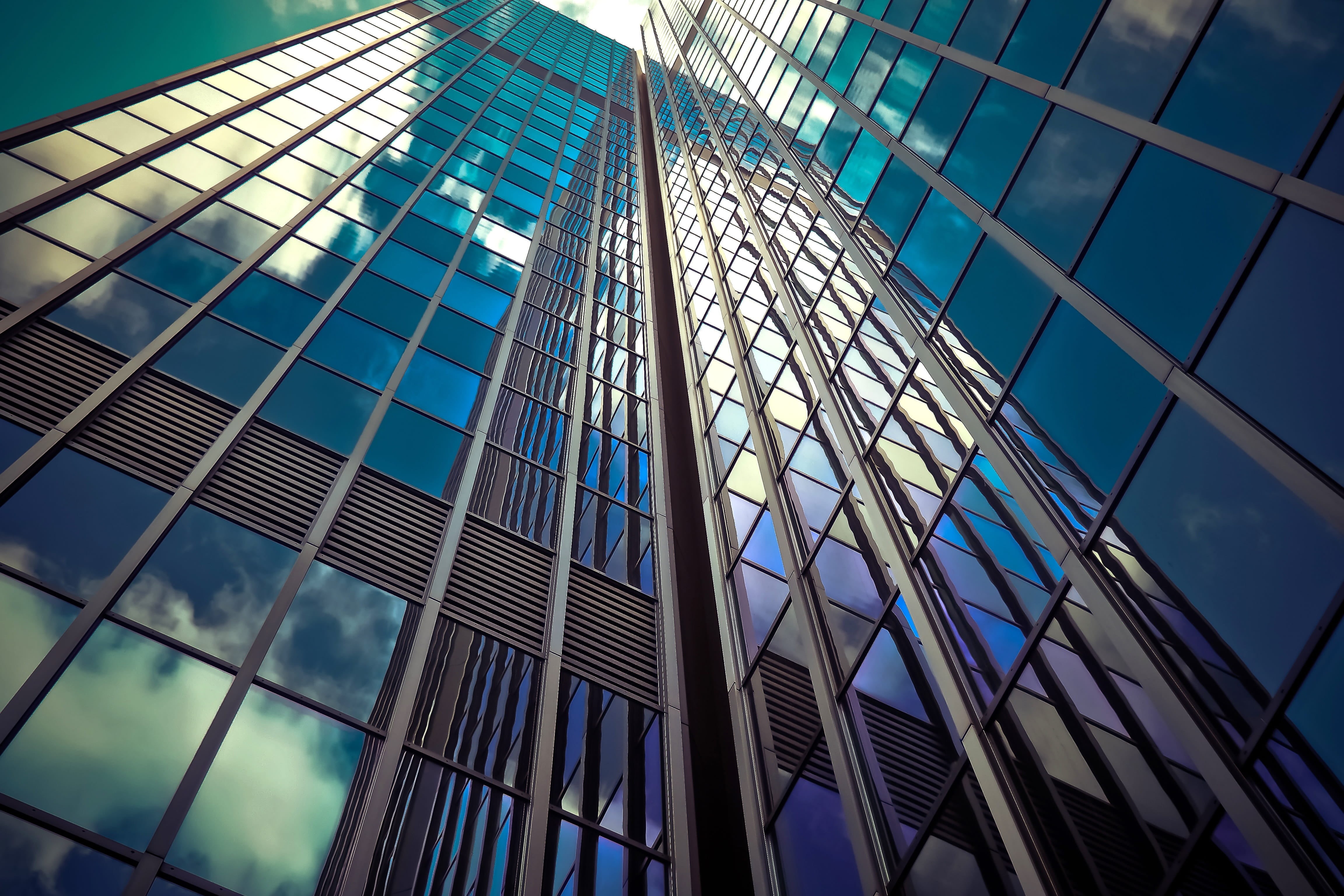 built structure, office building exterior, office, modern, skyscraper, glass front, clouds, skyline, modern high rise building, no people, downtown, view, HD Wallpaper