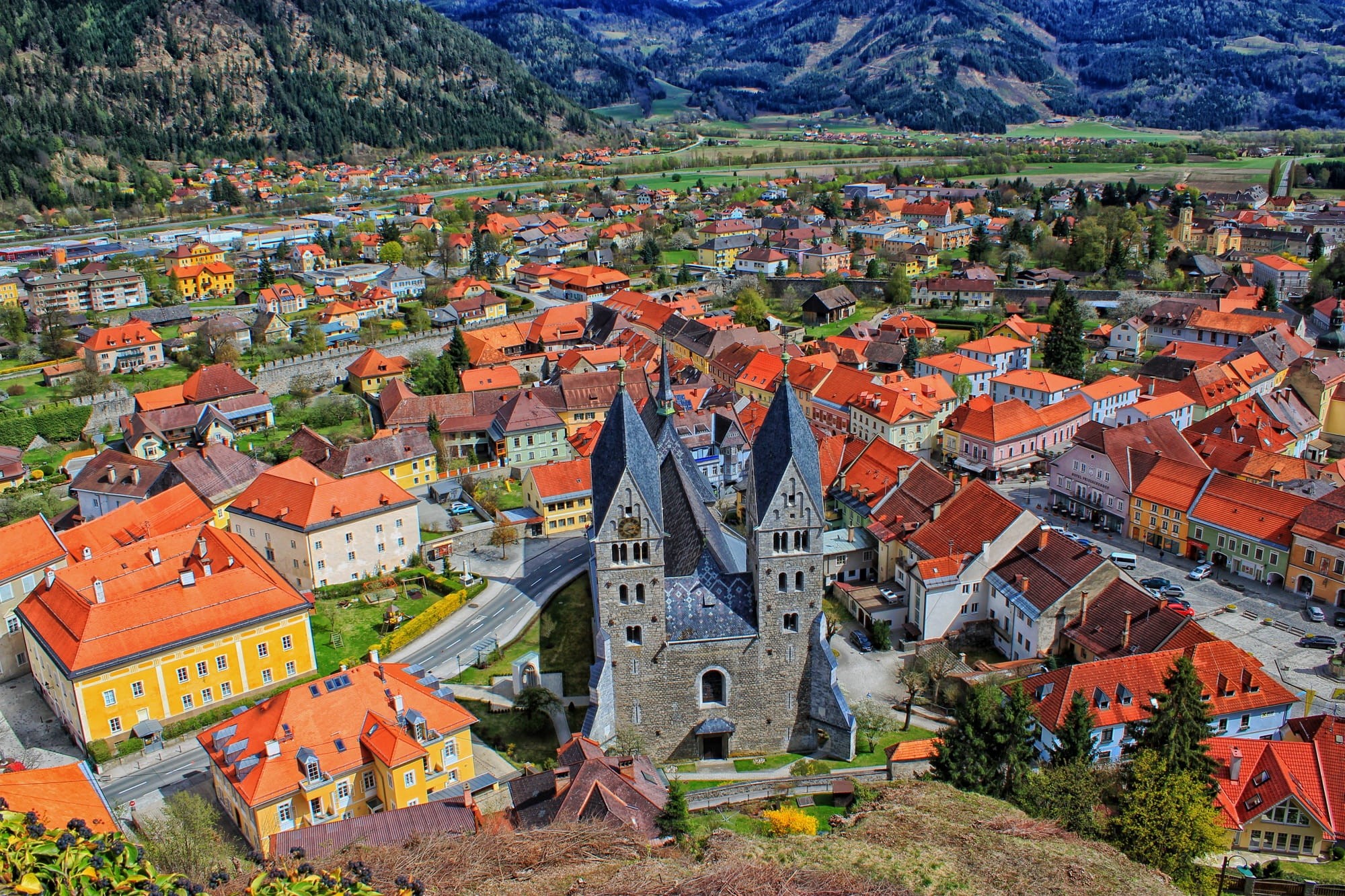 hdr, outdoors, Church, old, roof, day, Friesach, 1080P, high angle view, scenic, famous Place, roof Tile, building Exterior, orange color, travel, Austria, HD Wallpaper