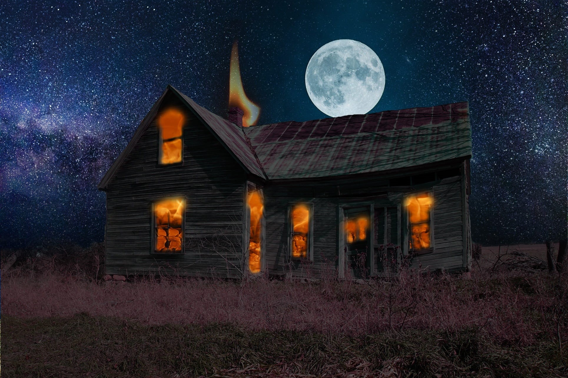 haunted, astronomy, roof, sky, star, danger, disaster, building, interior, ghost, damage, outdoors, house, moon, moonlight, accident, full moon, wood, 1080P, HD Wallpaper