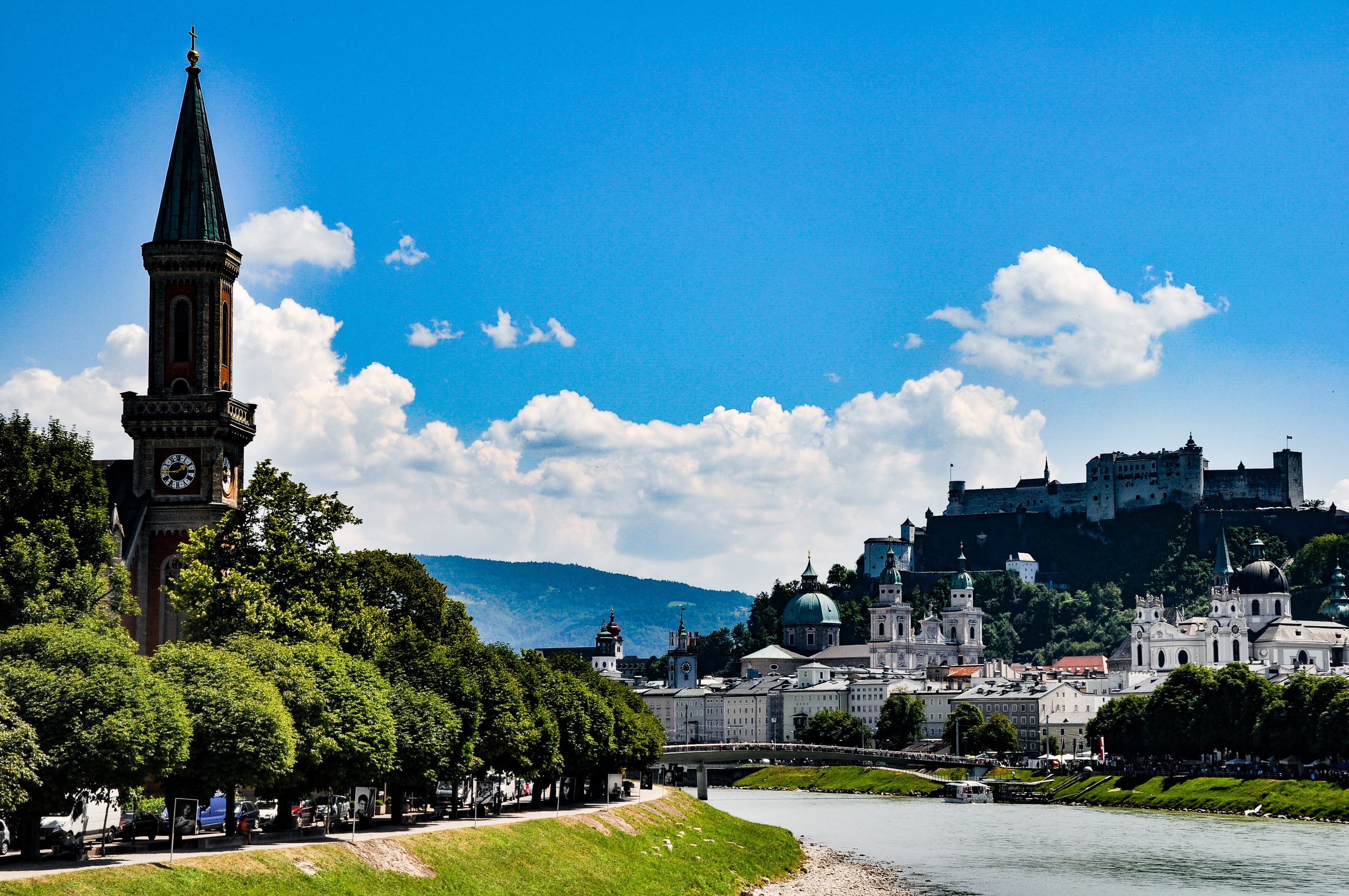 2K, clock, water, building, built structure, building exterior, no people, trees, near, austria, plant, tree, tower, cityscape, city, canal, fortress, HD Wallpaper