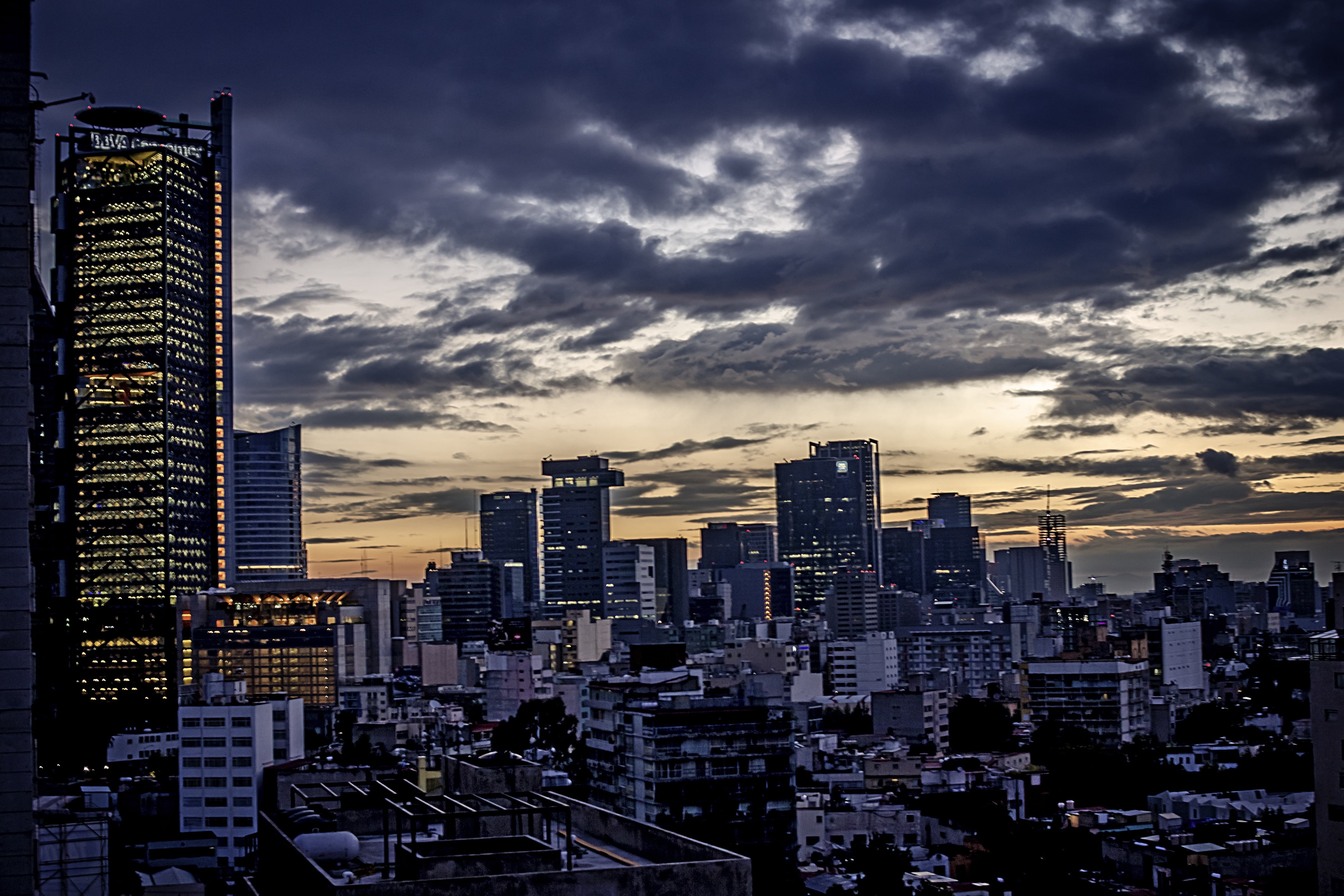 sunset, mexico city, outdoors, sky, cloudy, skies, tall - high, built structure, urban, building, building exterior, urban skyline, nature, no people, skyscraper, HD Wallpaper