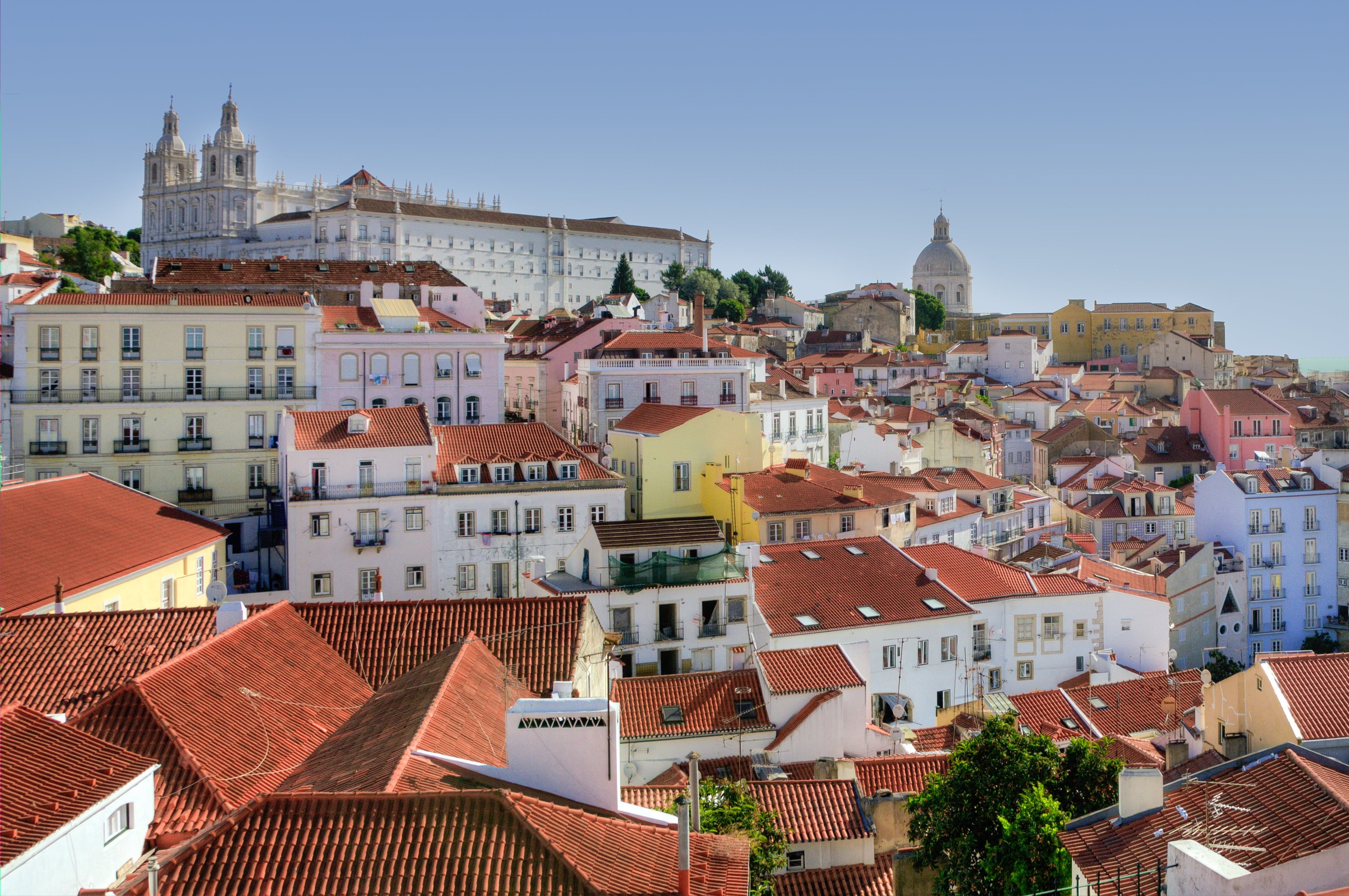 lisbon, outdoors, tower, skyline, city, view, travel, old, travel destinations, residential district, aerial, brown, 2K, house, town, day, community, building exterior, HD Wallpaper