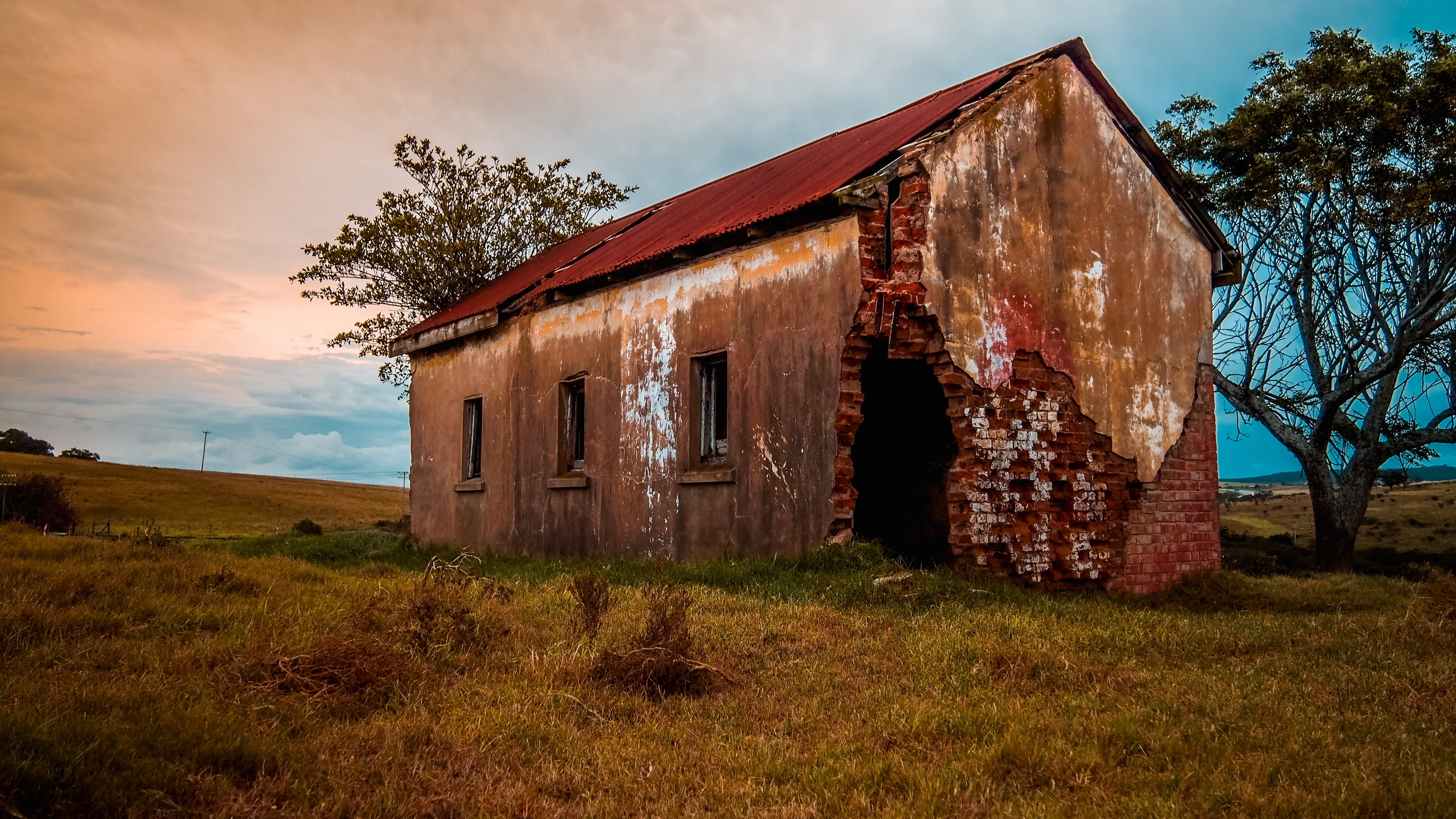 architecture And Buildings, countryside, grass, roof, golden, nature, architecture, land, rural Scene, blue, no People, run-down, brown, rustic, two, picturesque, HD Wallpaper