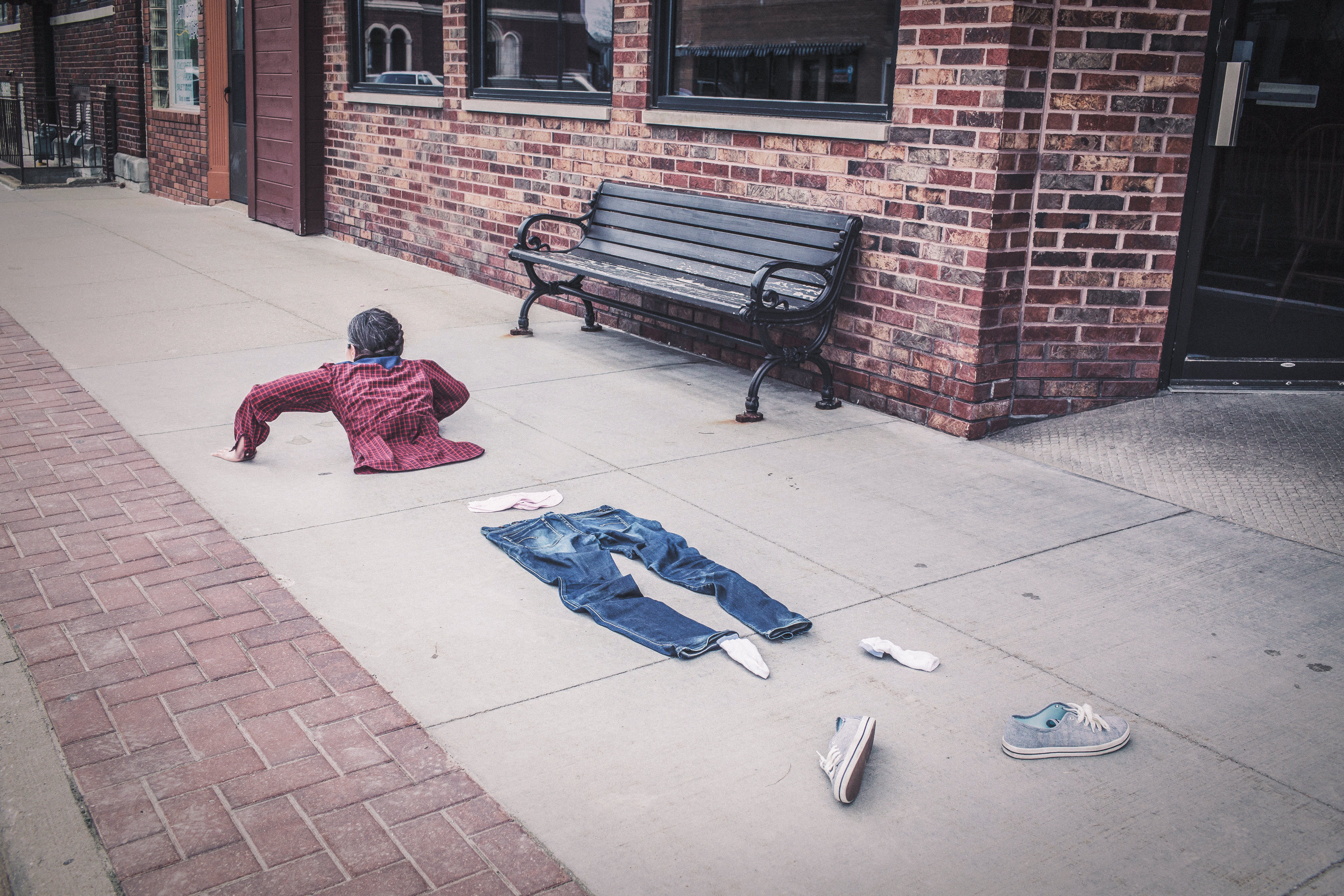 5K, sidewalk, melting, fashion, denim, blue denim, lying down, lady, denim jeans, concrete, casual clothing, shirt, men, goofy, street, bricks, cloths, HD Wallpaper