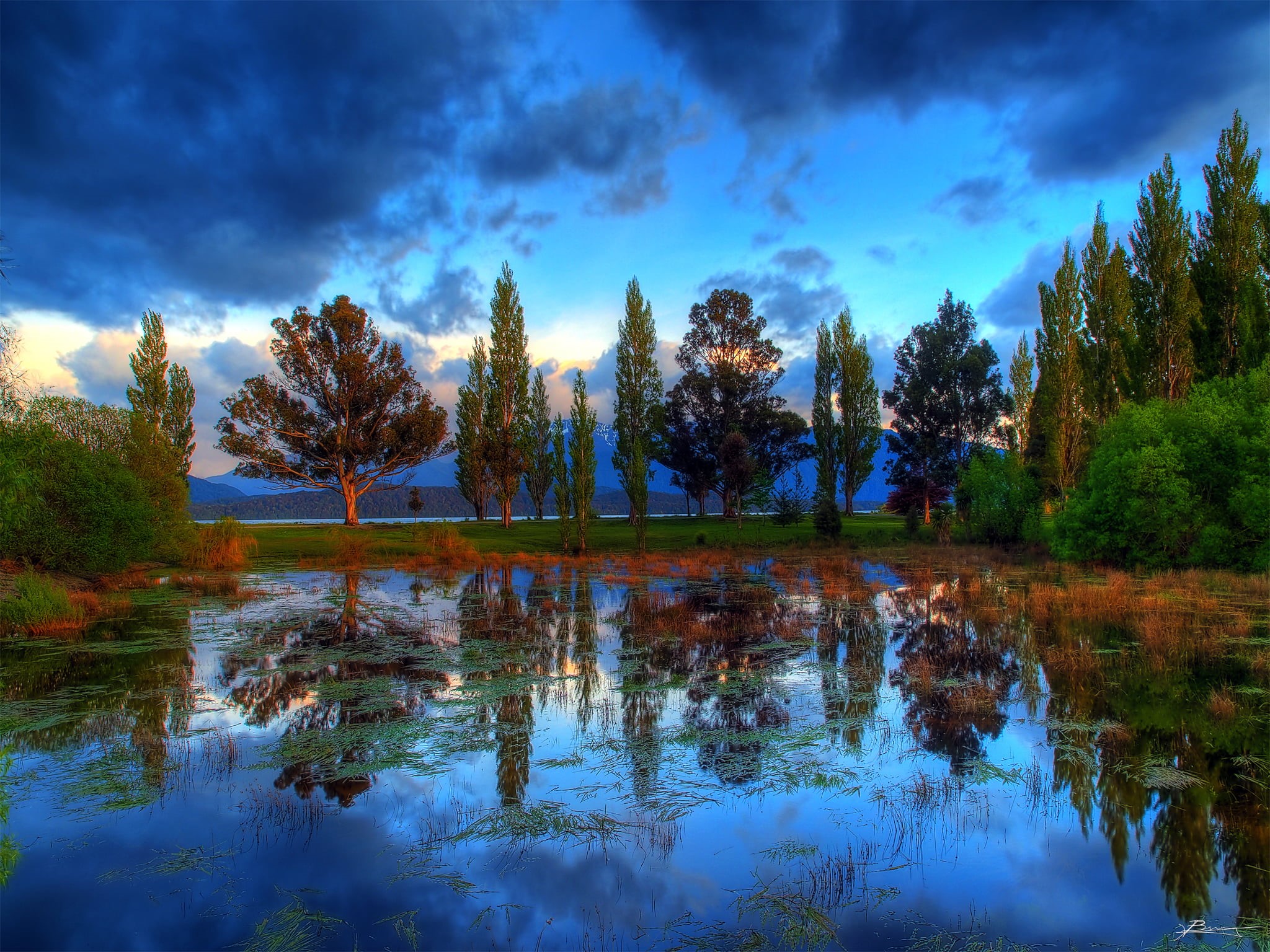 blue, reflection, daytime, green, cloud - Sky, front, water, morning, forest, outdoors, scenics, valleys, dex, sky, reflections, park - Man Made Space, HD Wallpaper