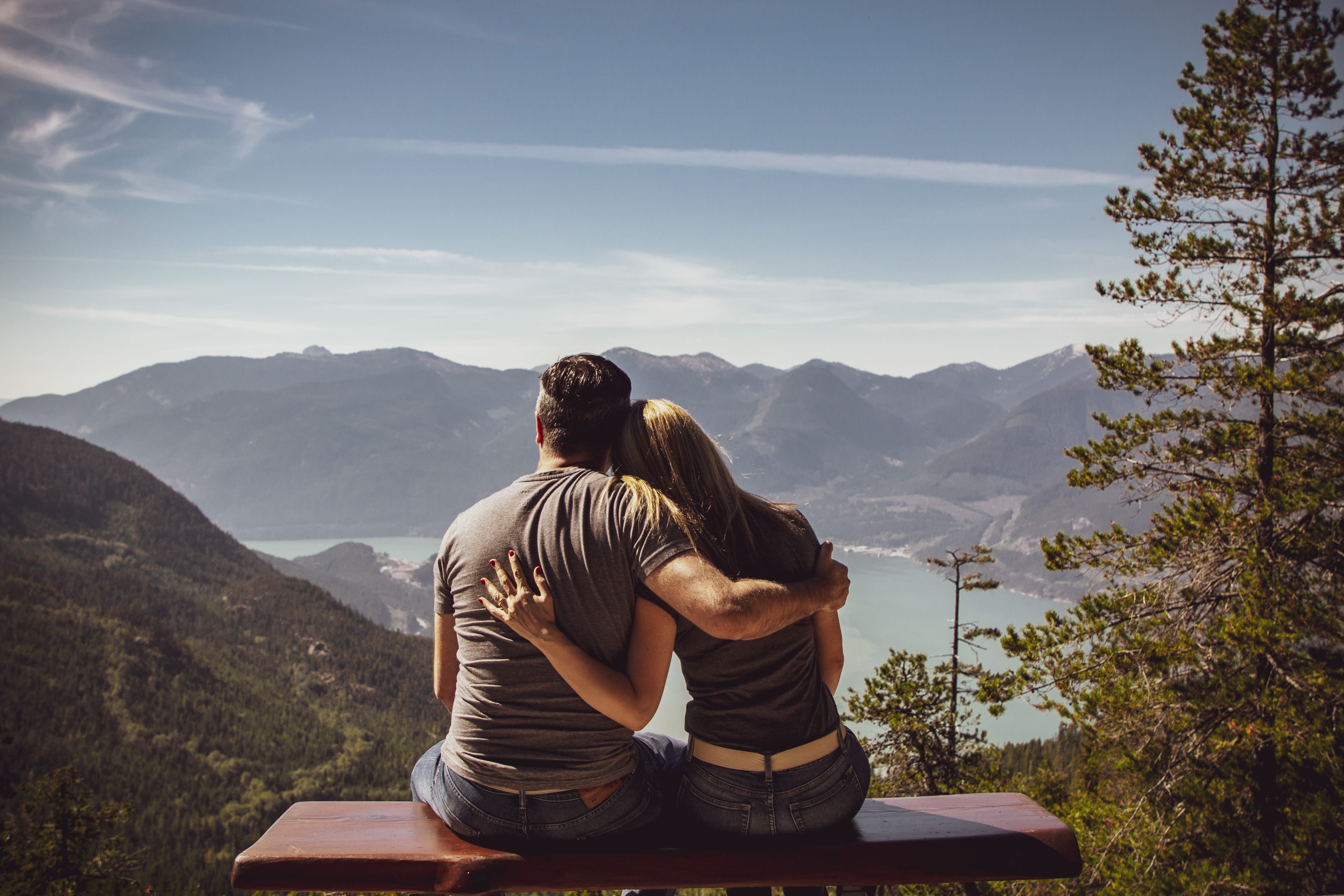 non-urban scene, leisure activity, casual clothing, tree, couple - relationship, daylight, view, rear view, tranquility, sky, trees, looking at view, landscape, HD Wallpaper