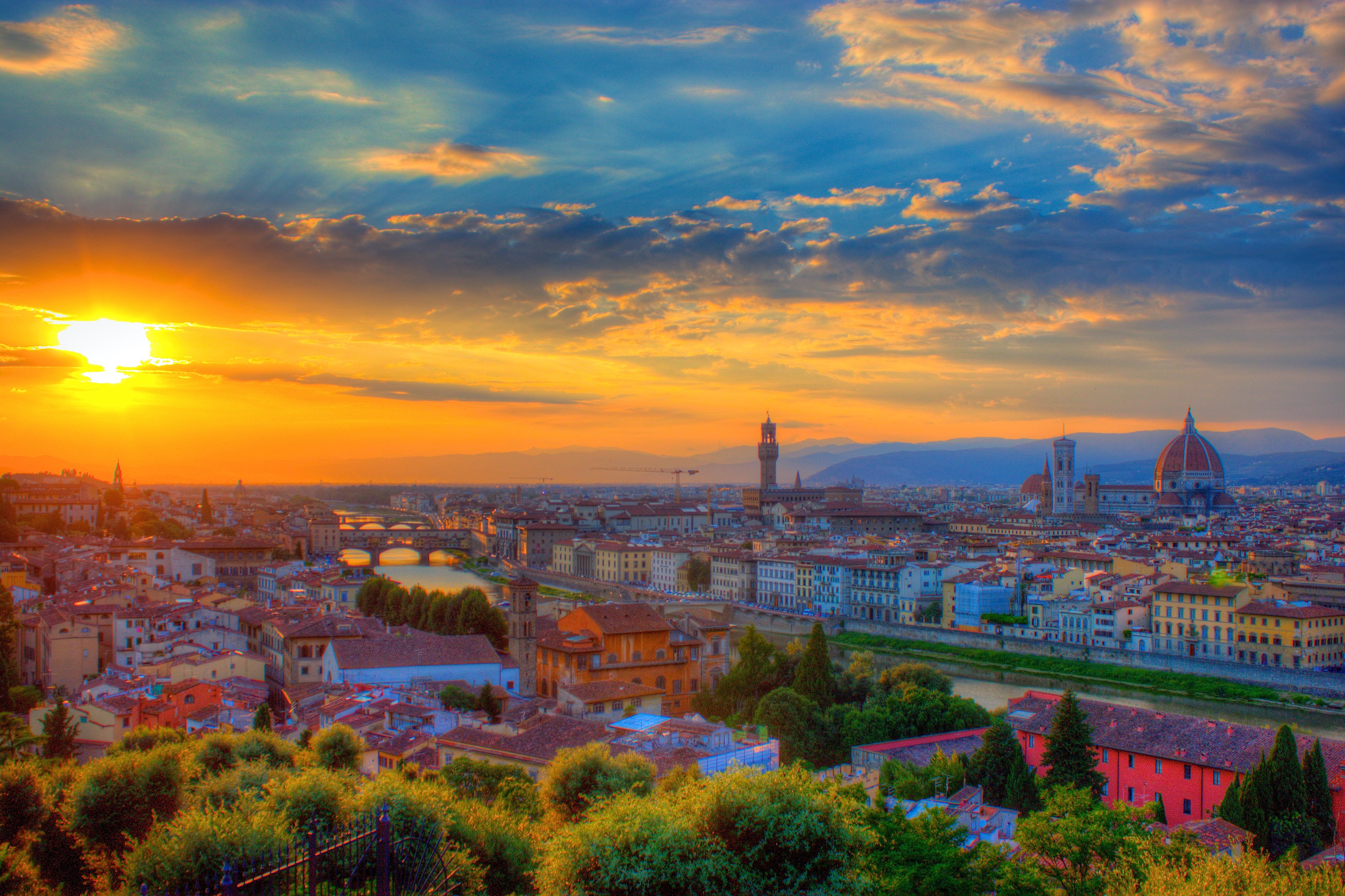 high, aerial view, urban Scene, urban Skyline, Ponte Vecchio, River, famous Place, Giottos Campanile, sky, view, sunrise, VVV, Landscape, trees, 4K, Italy, HD Wallpaper