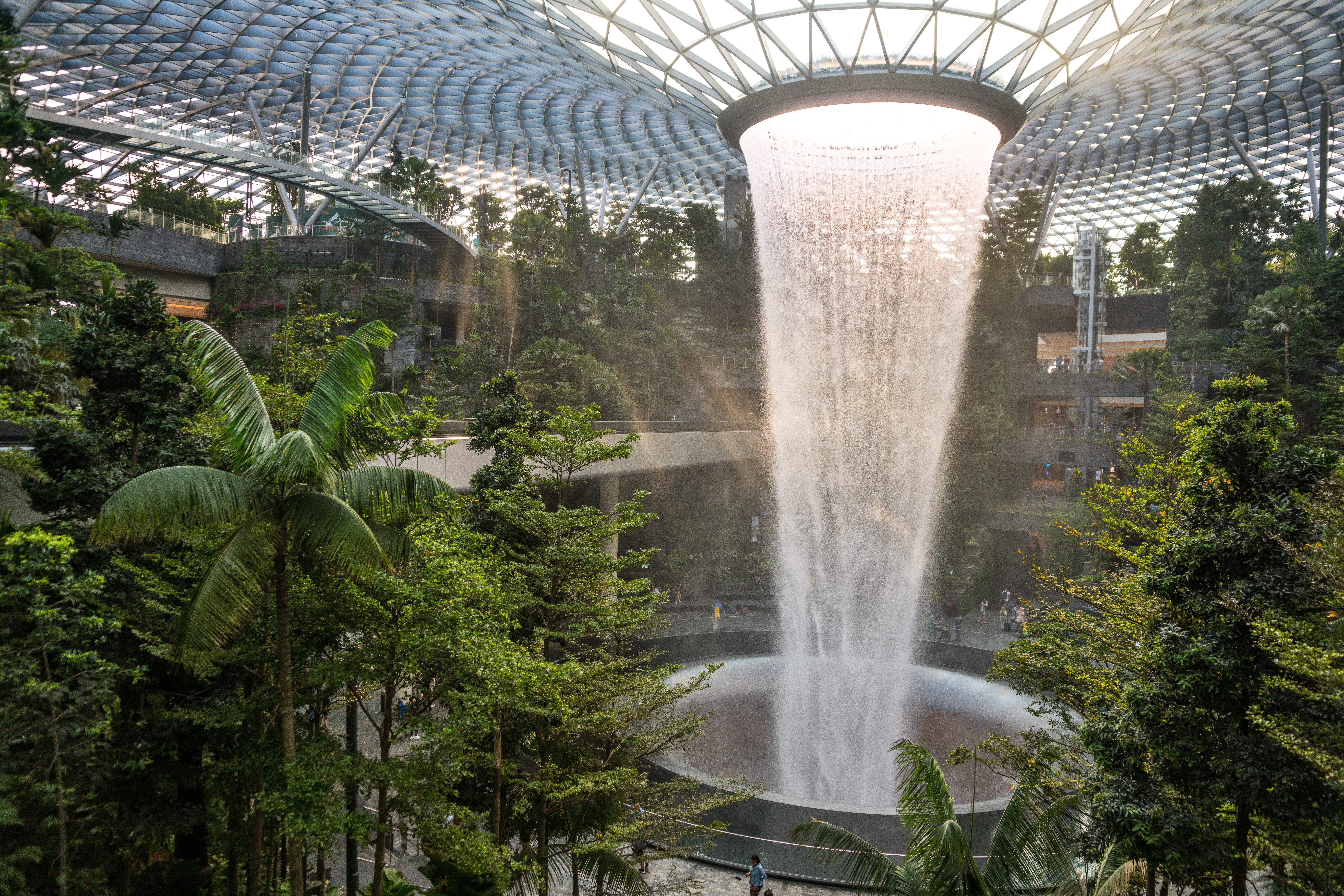 motion, water, fountain, changi airport, garden, singapore, tree, long exposure, person, no people, beauty in nature, waterfall, spraying, day, architecture, HD Wallpaper