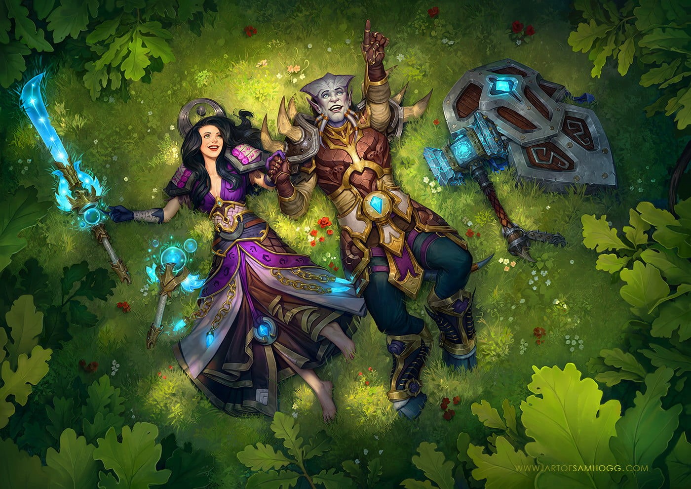 outdoors, leaf, man, plant, women, representation, water, nature, 720P, flower, axe, religion, sculpture, World of Warcraft, Sam Hogg, shield, high angle view, HD Wallpaper