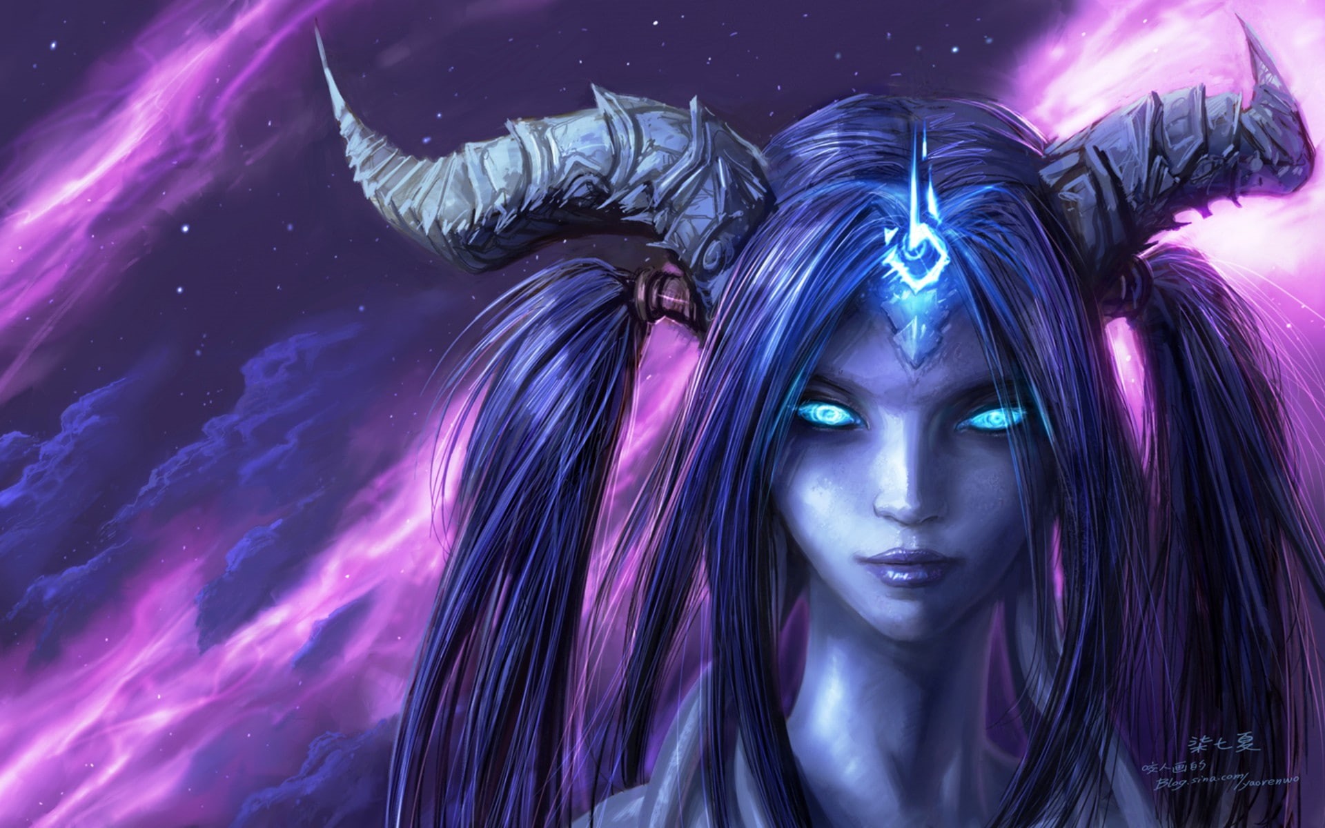 blue, horns, art, world, x, world of warcraft, draenei, fantasy, Blue Eyes, hd, artwork, abstract, eyes, 1080P, warcraft, HD Wallpaper