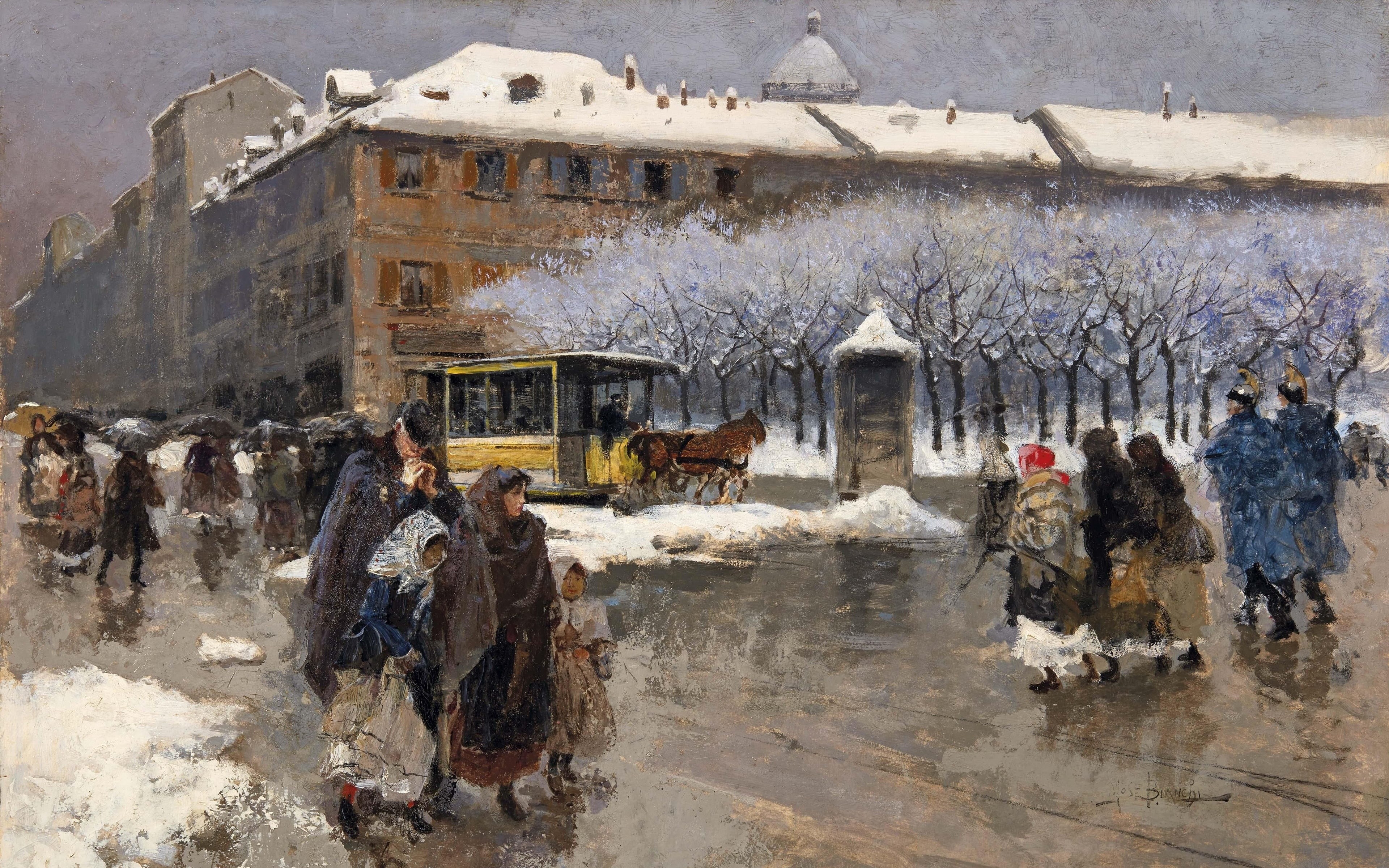 4K, Moses Bianchi, Milano under the snow, Milan under the snow, Italian painter, Oil on cardboard, Mose Bianchi, HD Wallpaper