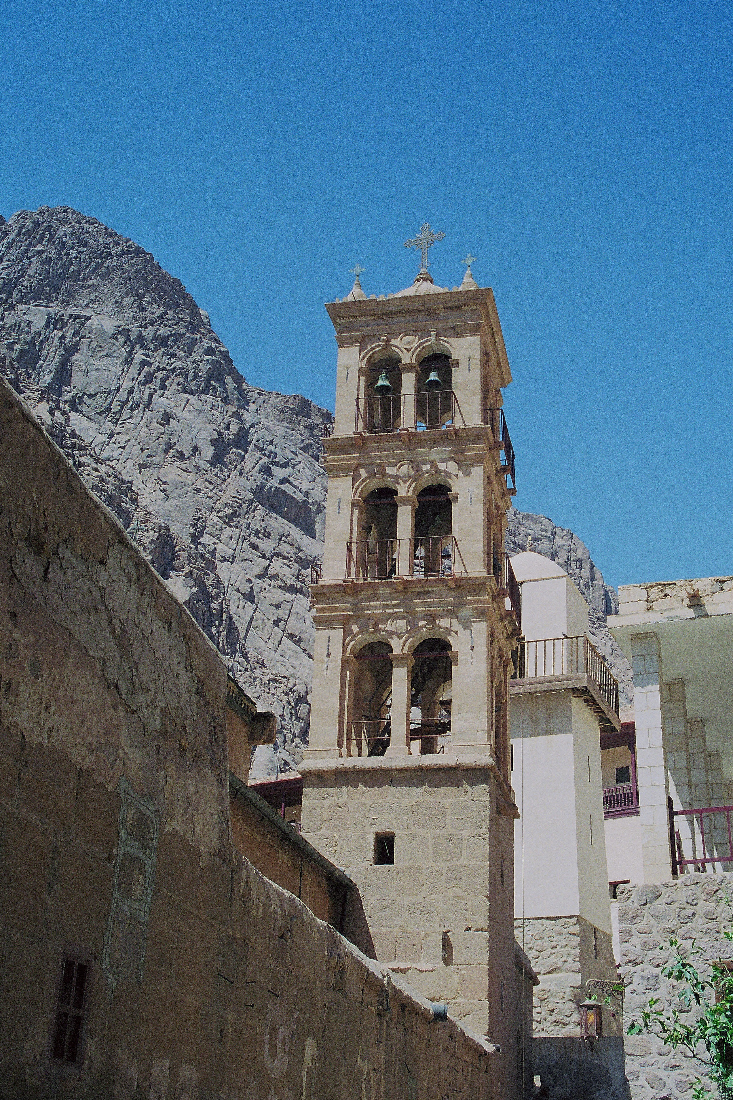 st catherines monastery, sky, low angle view, building, clear sky, 2K, moses mountain, monastery, egypt, minaret of the mosque, mount sinai, nature, sinai, Phone HD Wallpaper
