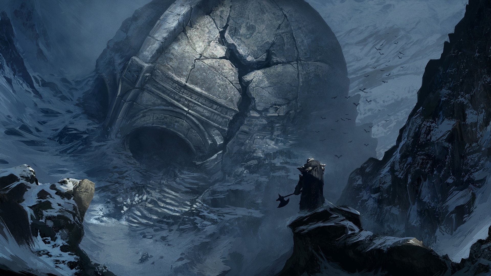 Viking, mountains, helmet, 1080P, Statue, Axes, fantasy Art, Vikings, snow, Axe, artwork, HD Wallpaper