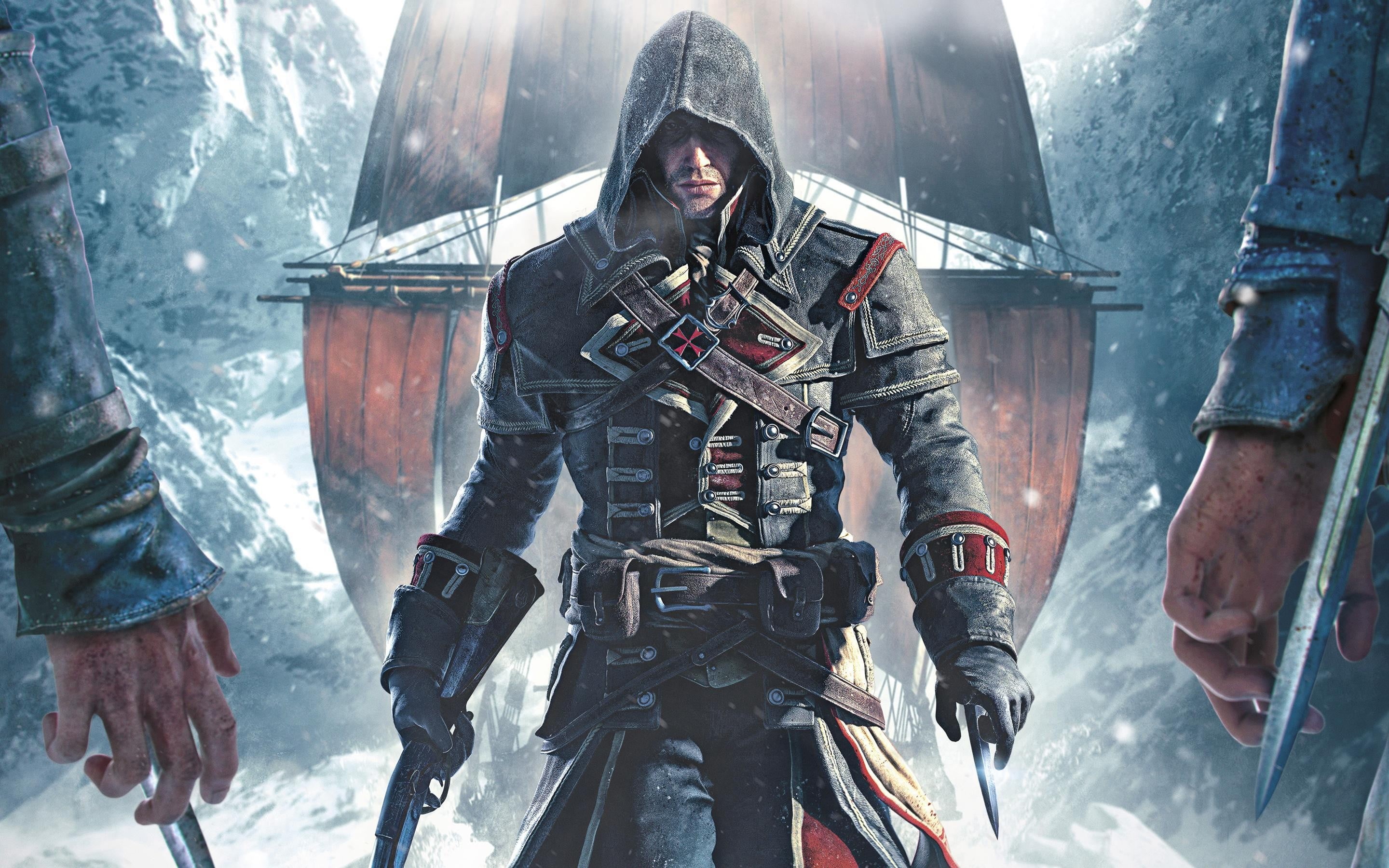 one person, video games, snowing, nature, s, weapon, Assassins Creed: Rogue, rifle, digital, 2K, adult, Gamer, looking at camera, front view, HD Wallpaper