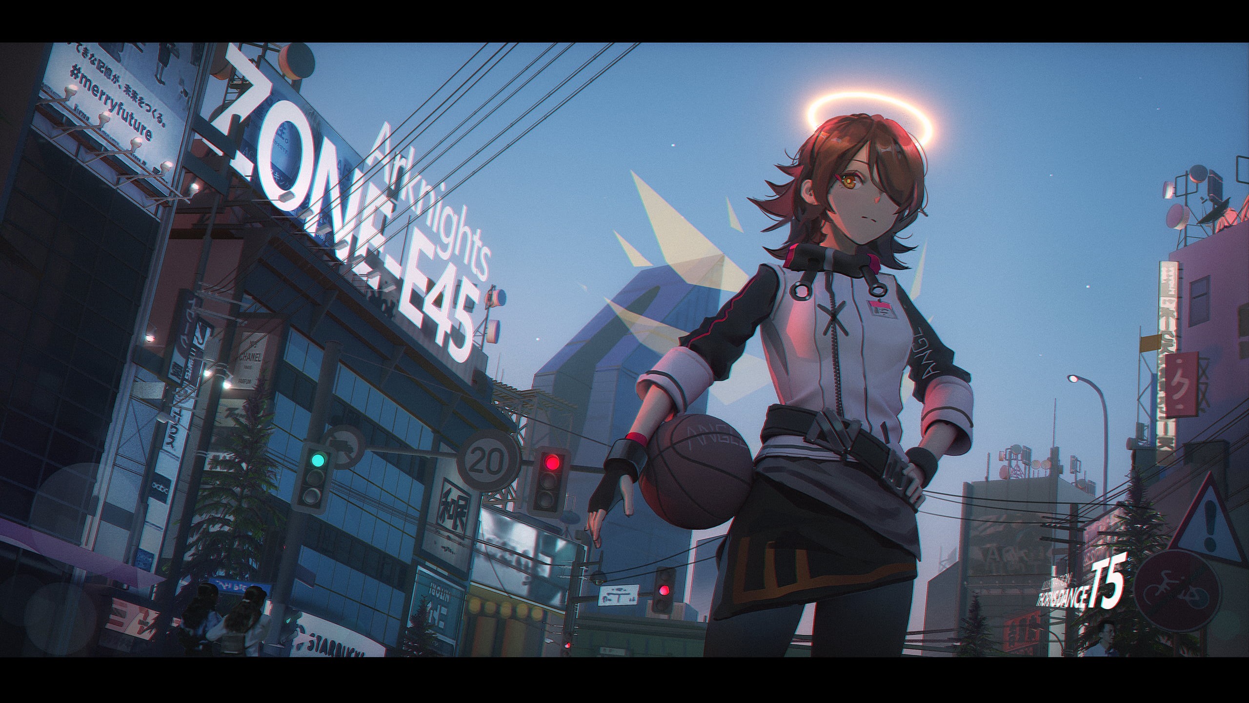 T5, anime girls, artwork, fingerless gloves, architecture, fan art, Video Game Art, anime, basketball, jacket, balls, traffic lights, building, digital art, HD Wallpaper