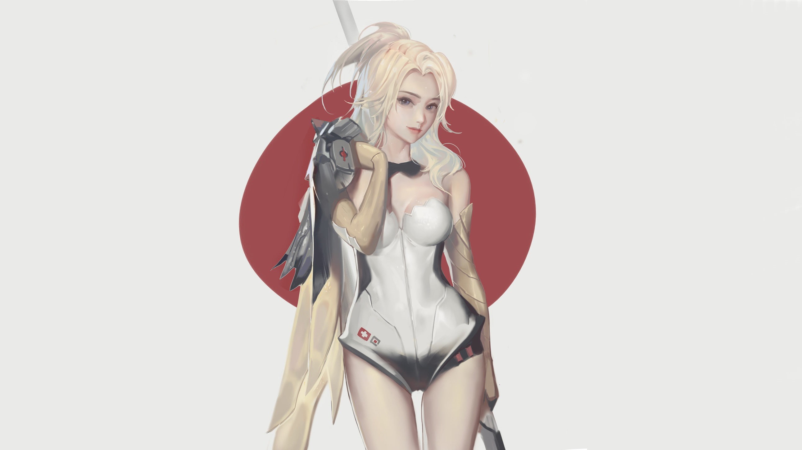 Long Hair, The Gap, Mercy (Overwatch), artwork, Thighs, blue eyes, Overwatch, cleavage, digital art, Japan, women, video games, Tight Clothing, Blonde, HD Wallpaper