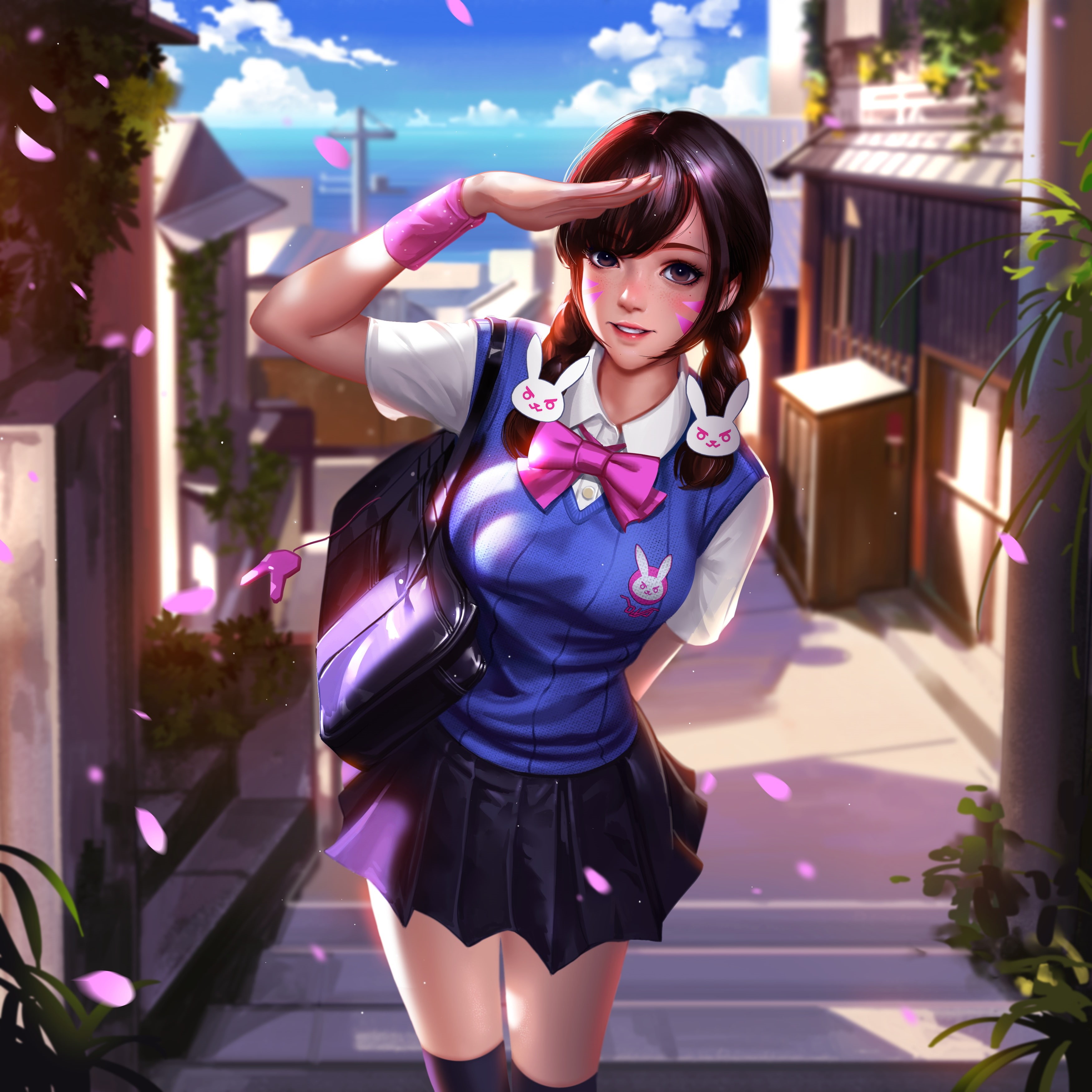 2K, artwork, video games, schoolgirl, Liang-Xing, thigh-highs, miniskirt, Overwatch, D.Va (Overwatch), Korean, digital art, thighs, knee-highs, Phone HD Wallpaper