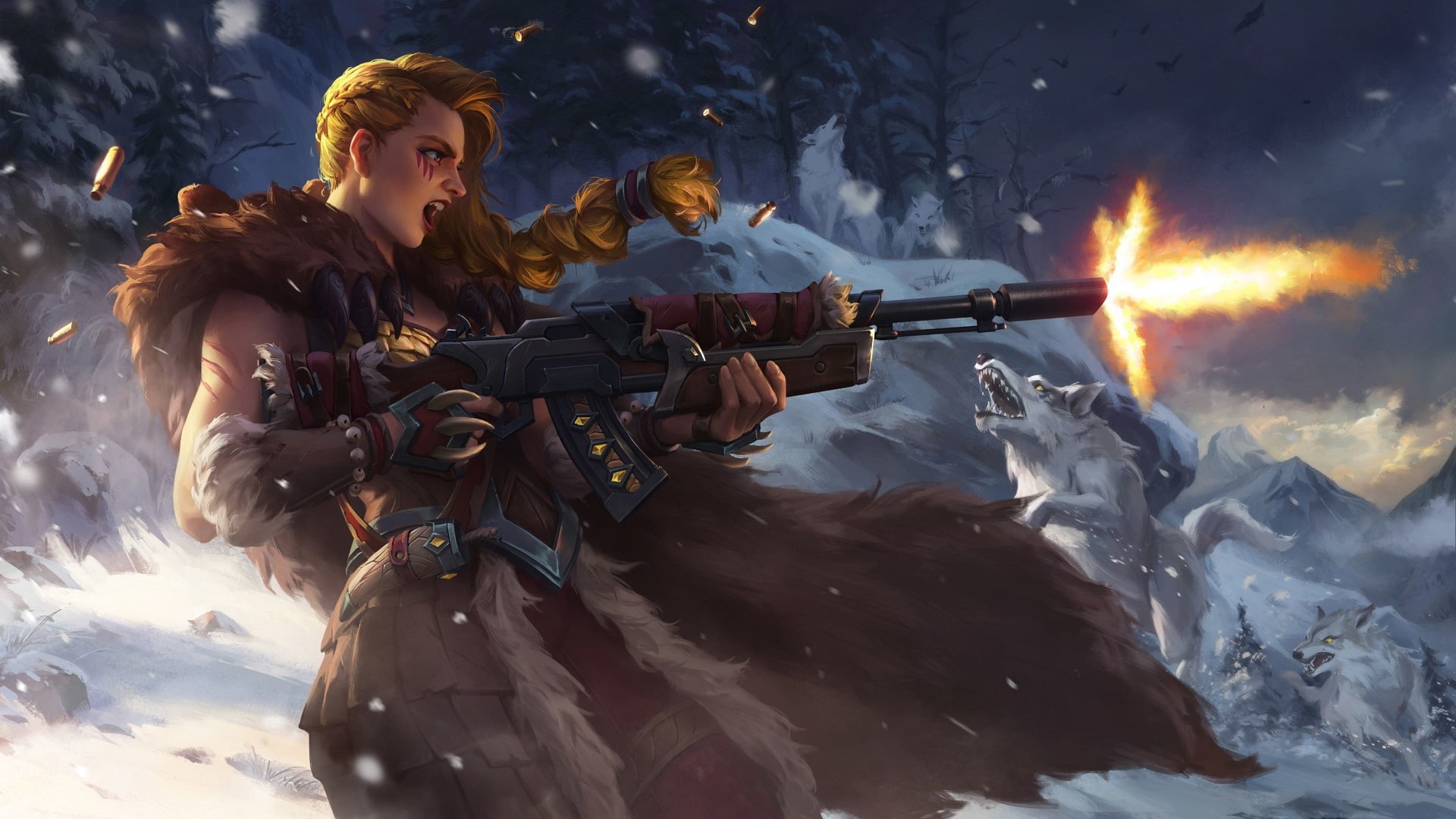 winter, warrior, weapon, digital art, blonde, wolf, Tyra (Paladins), shooting, women, illustration, girls with guns, Paladins: Champions of the Realm, 1080P, HD Wallpaper