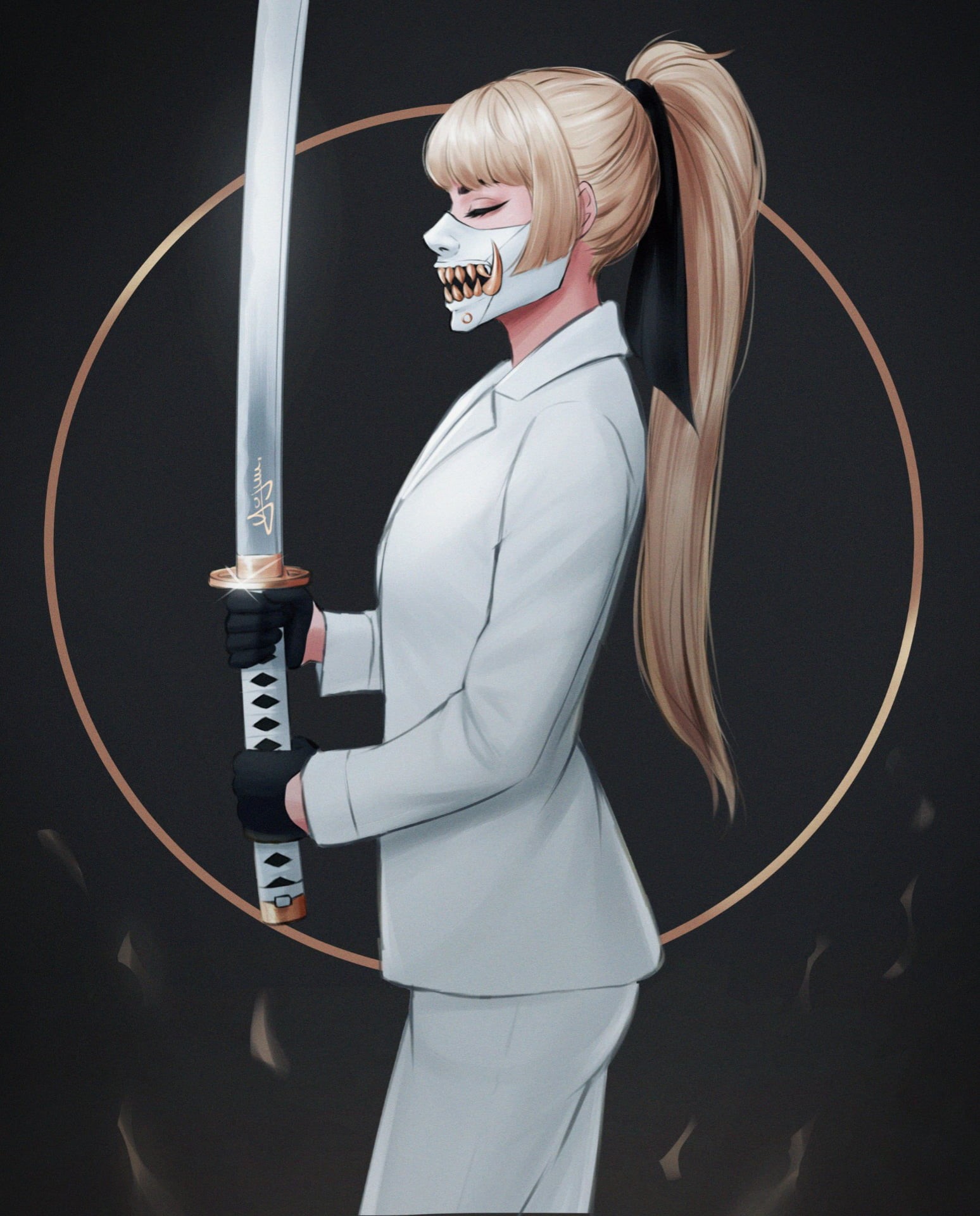 white coat, 1080P, blond hair, oni mask, Yajuu, sword, long hair, Phone HD Wallpaper