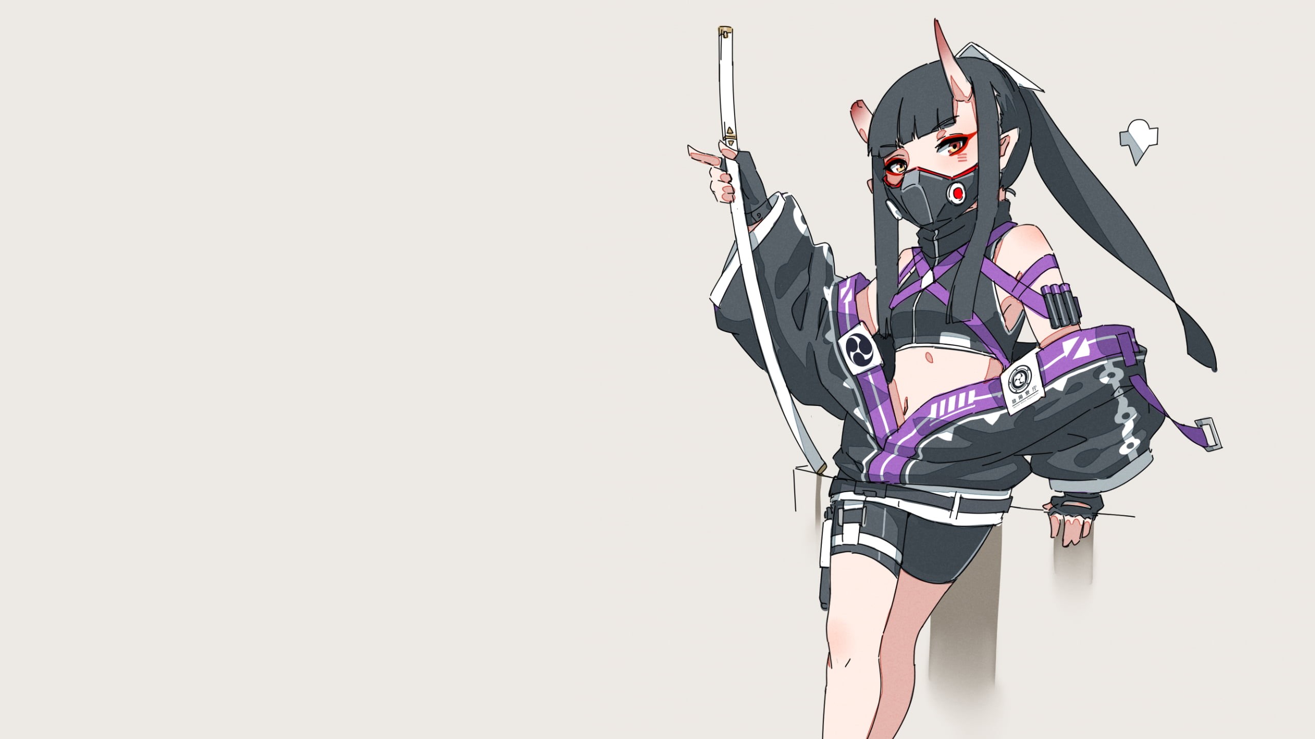 oni girl, horns, 2K, Streetwear, black hair, red eyes, brown background, original characters, katana, mask, HD Wallpaper