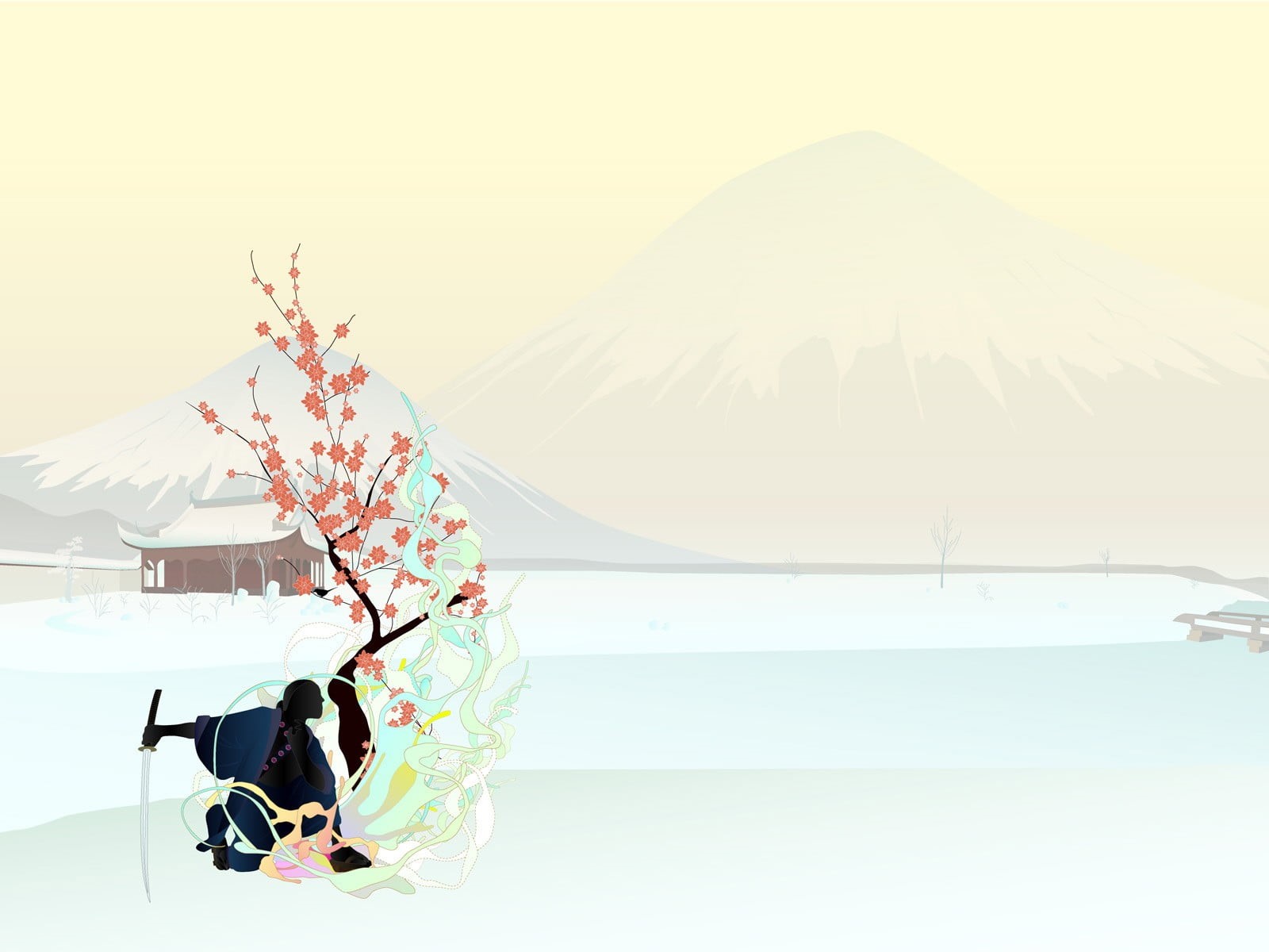 katana, scenics - nature, tranquil scene, Japan, sunlight, mountain, idyllic, sky, sea, nature, artwork, 720P, plant, cherry, land, simple background, HD Wallpaper