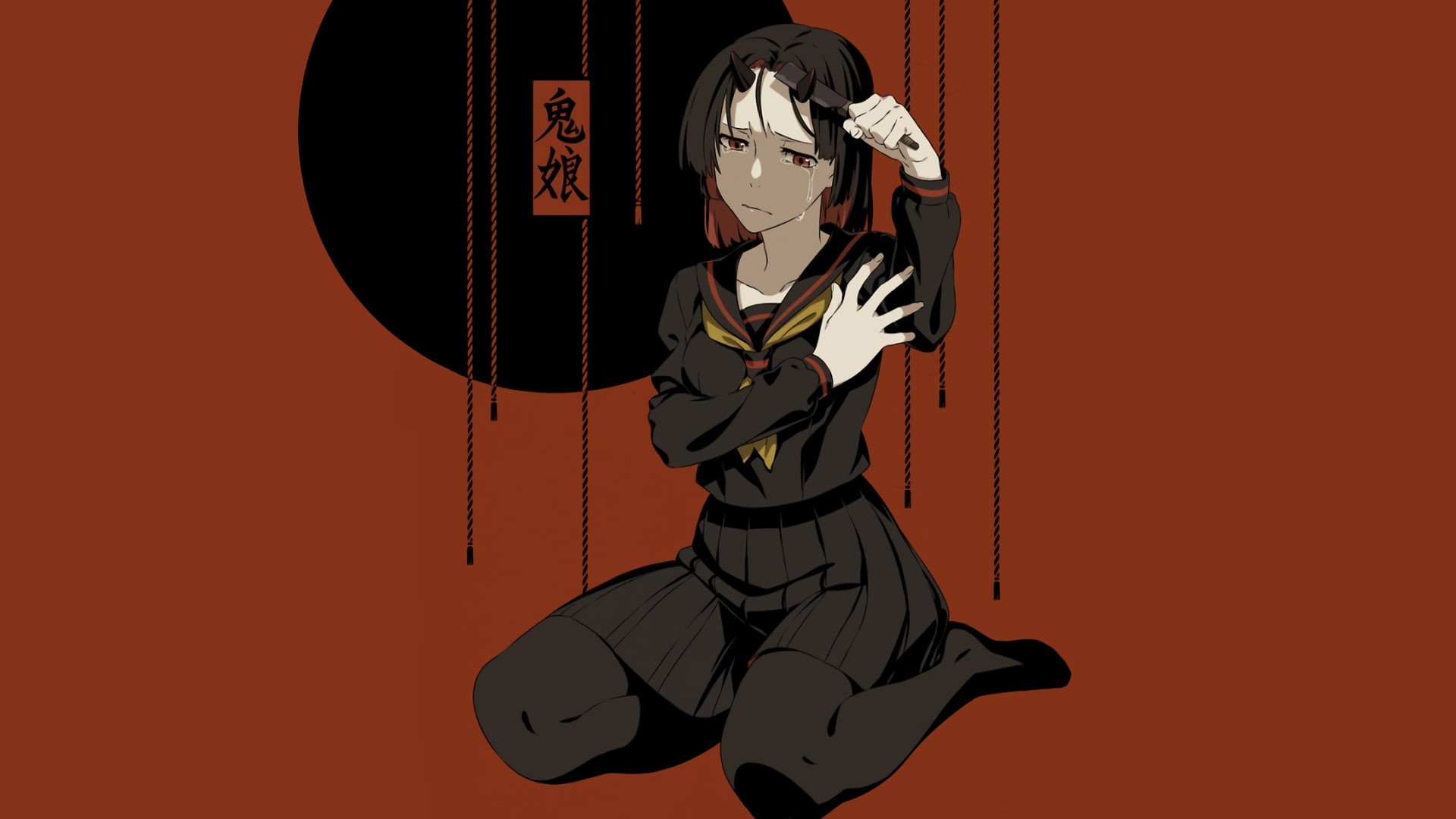 architecture, human representation, Oni, Red and Black, minimalism, demon, studio shot, red background, close-up, one person, Japan, crying, manga, wall - building feature, HD Wallpaper