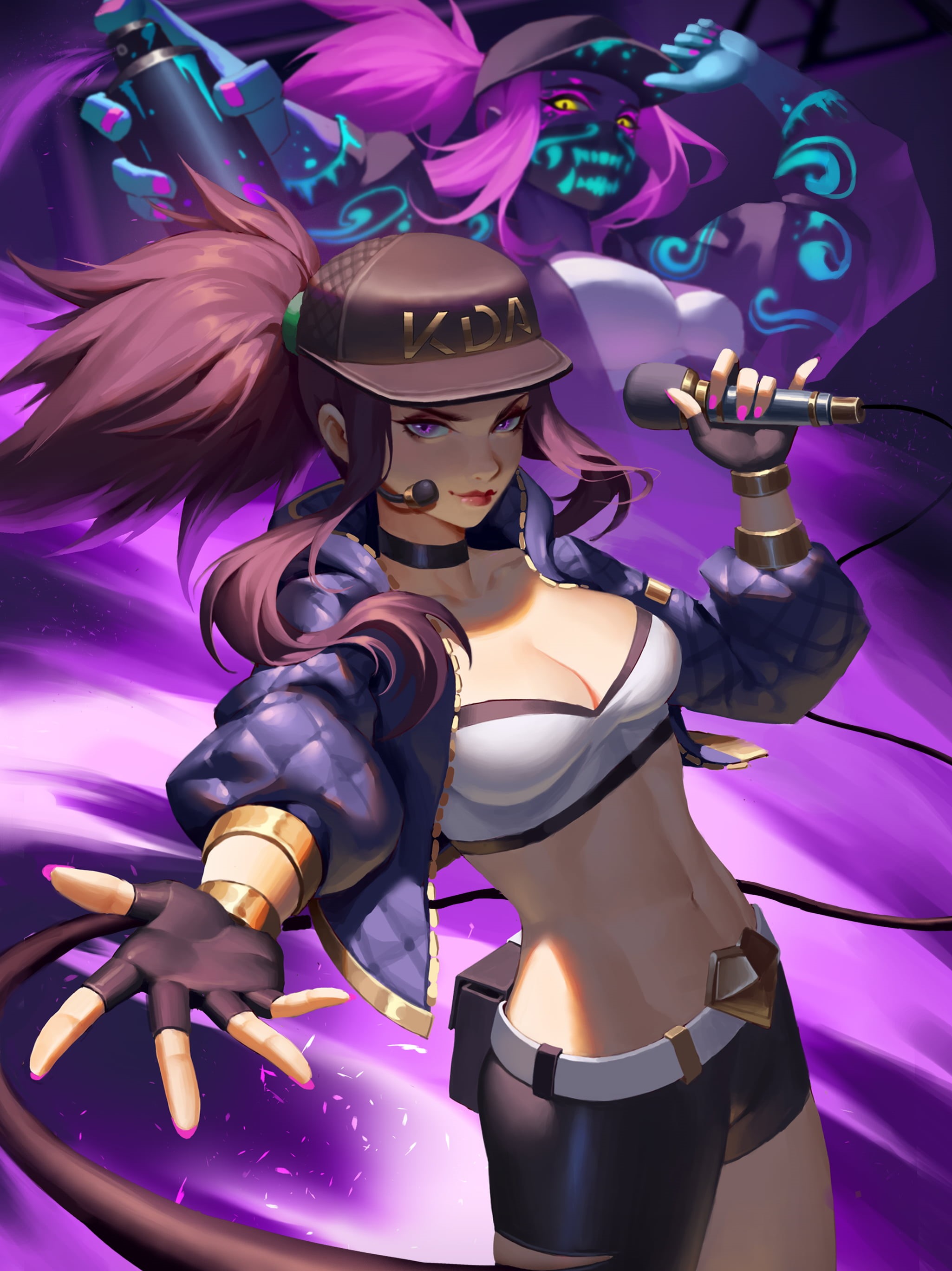 looking at viewer, Yus, women, painting, purple eyes, ponytail, 2D, illustration, Video Game Art, baseball caps, painted nails, digital art, microphone, Phone HD Wallpaper