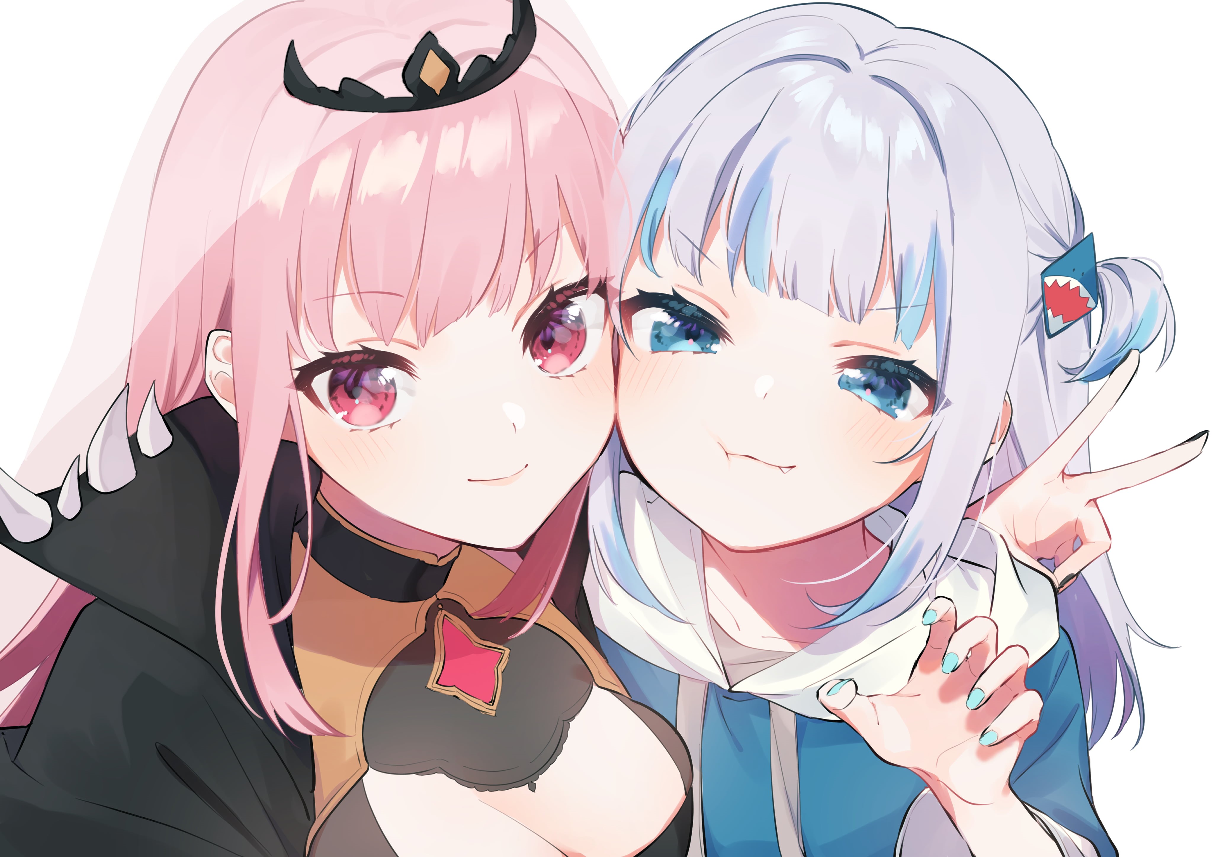 pink hair, blue eyes, Mori Calliope, red eyes, blue hair, 4K, Gawr Gura, Hololive, HD Wallpaper