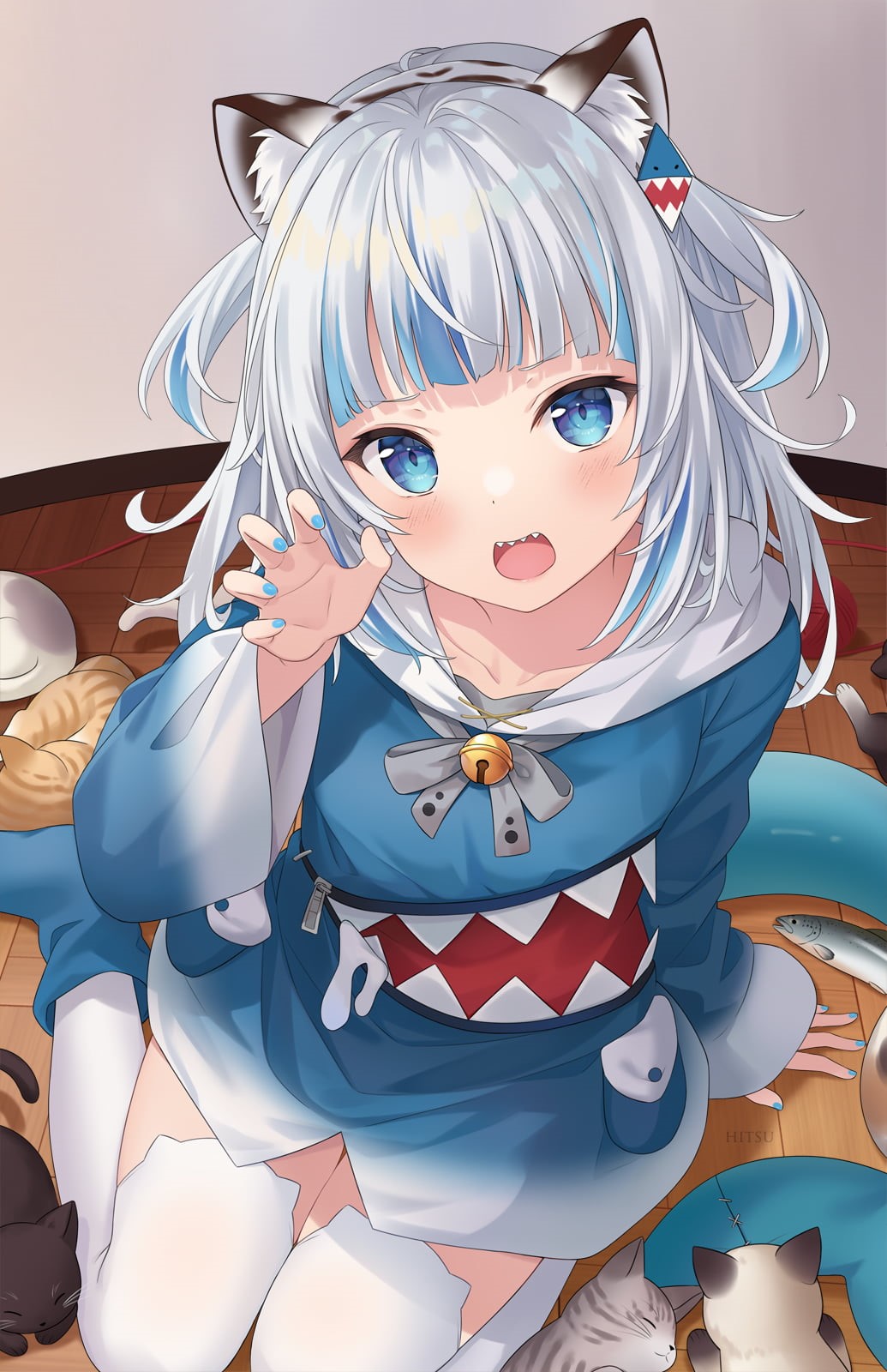 cats, Hololive, 720P, tail, Hitsukuya, Gawr Gura, Virtual Youtuber, anime girls, blue eyes, anime, vertical, Phone HD Wallpaper