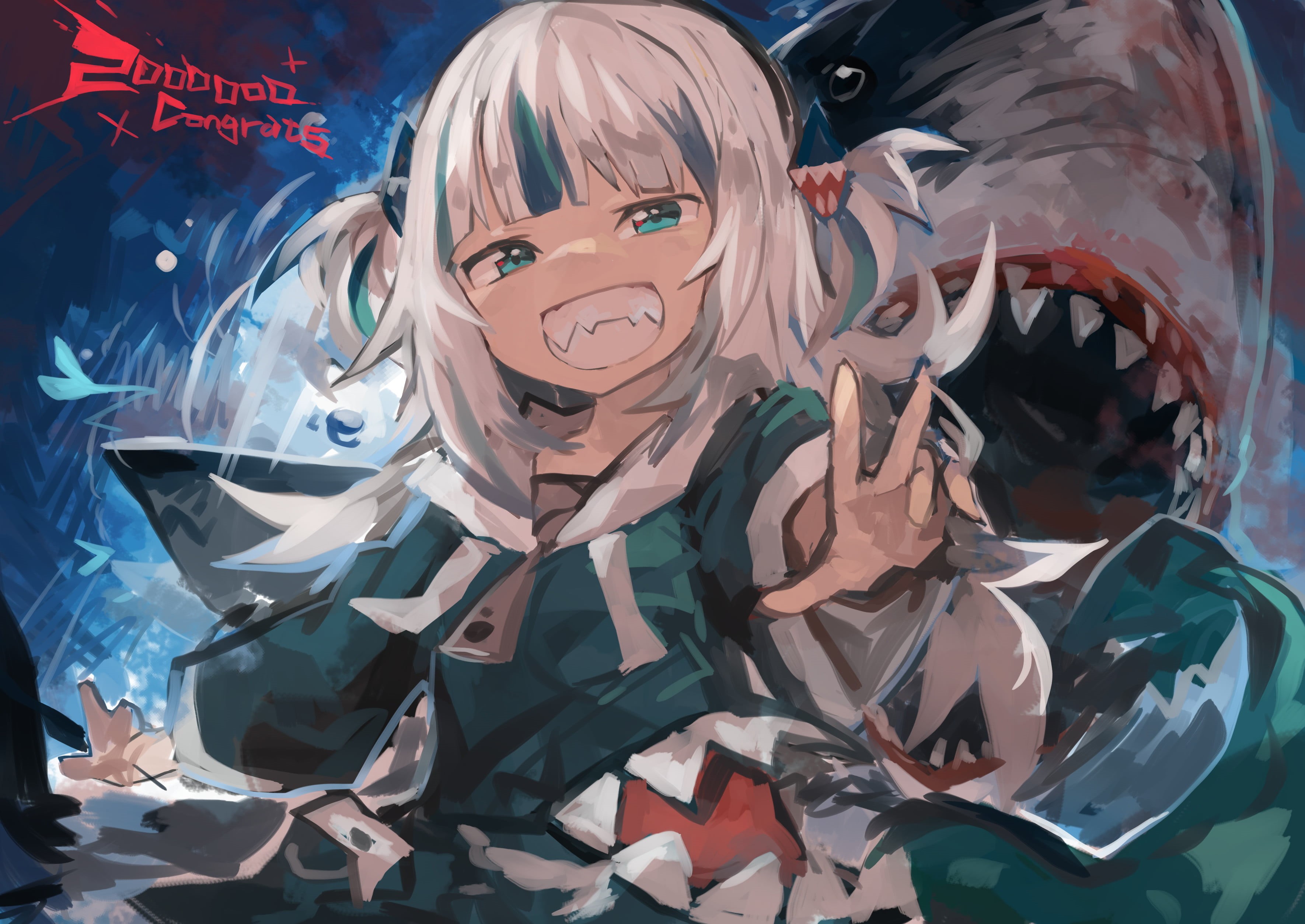 shark, Gawr Gura, Hololive, 2K, multi-colored hair, Virtual Youtuber, aqua eyes, hair bows, HD Wallpaper