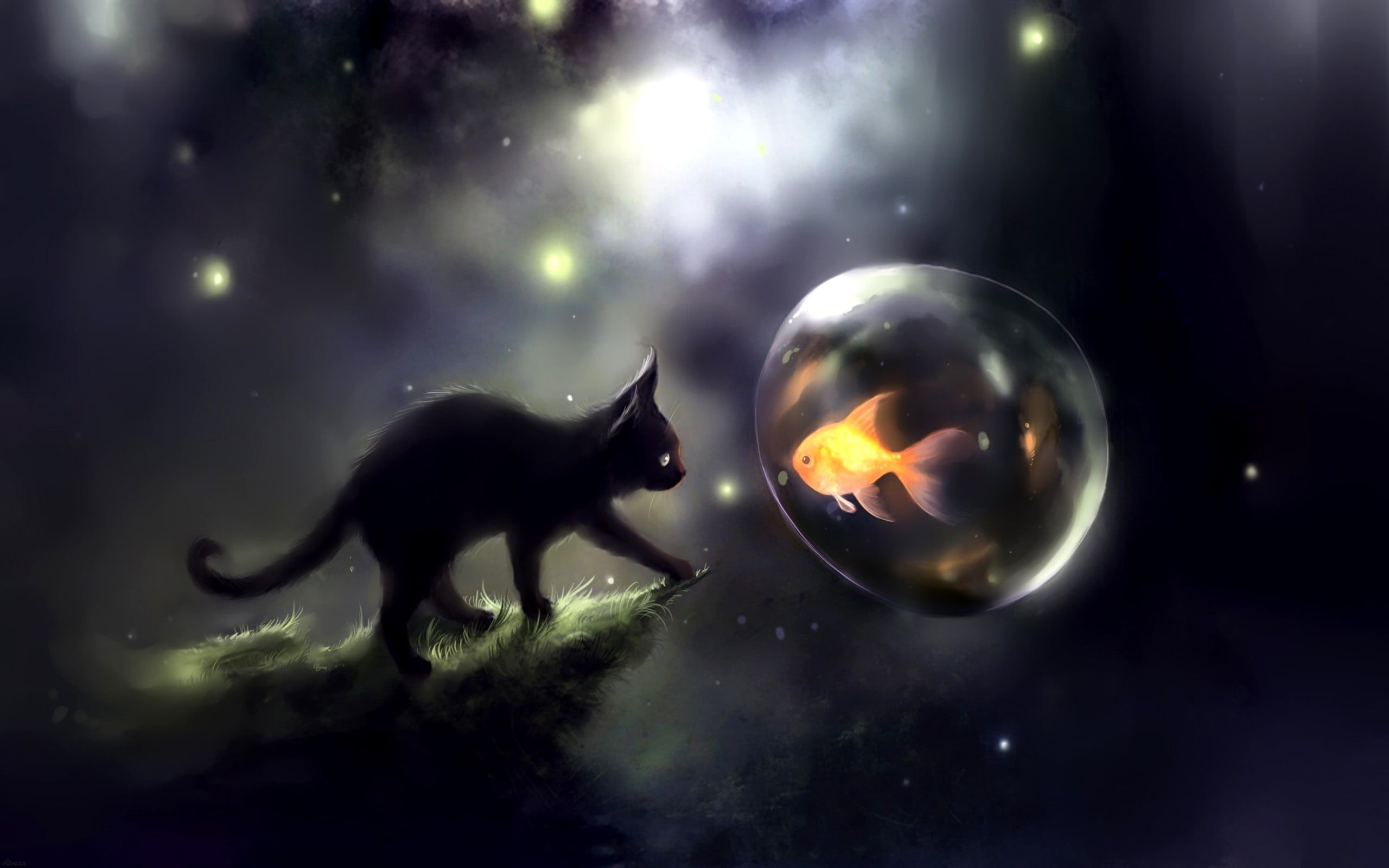 animal wildlife, goldfish, black cats, bubble, fish, moon, sphere, black, nature, kittens, mid-air, mammal, 2K, ball, orange, digital composite, HD Wallpaper
