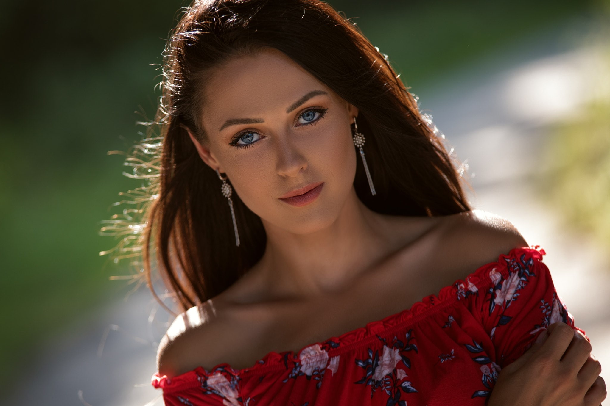 women, portrait, bare shoulders, face, 1080P, long hair, brunette, looking at viewer, blue eyes, HD Wallpaper