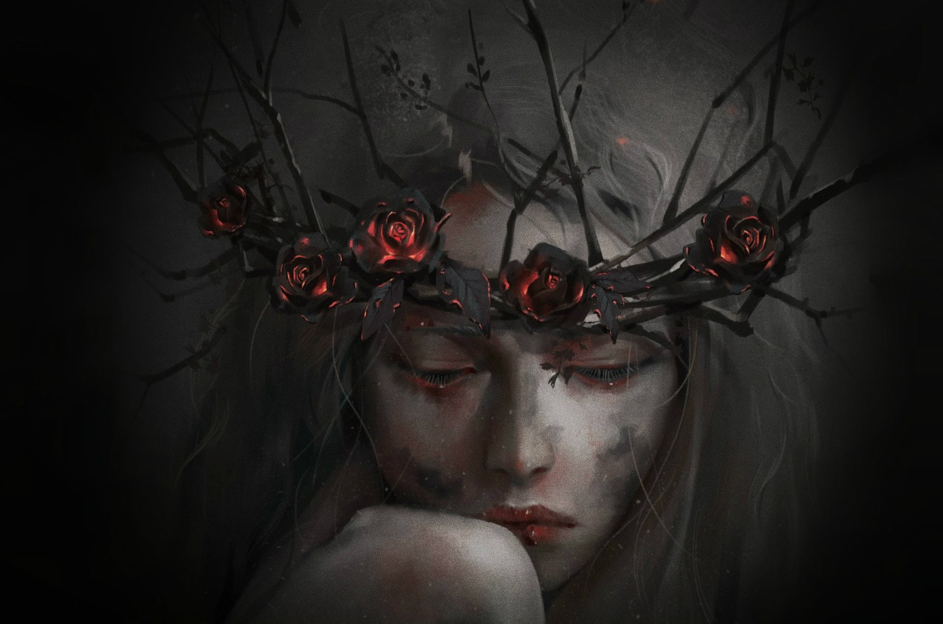 blood, studio shot, fantasy girl, indoors, adult, flowering plant, human face, young women, demon - fictional character, one person, black background, portrait, HD Wallpaper