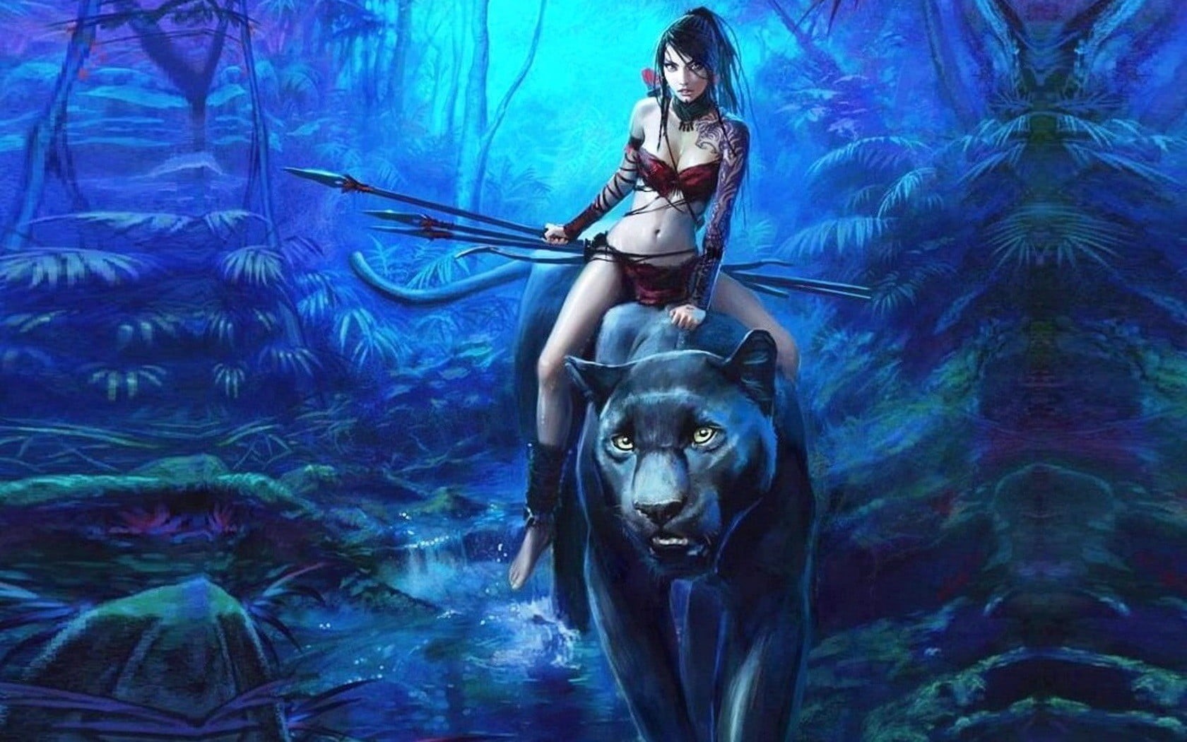 young adult, clothing, holding, adult, black, riding, mammal, girl, females, looking at camera, fantasy girl, young women, fantasy art, illustration, one person, HD Wallpaper