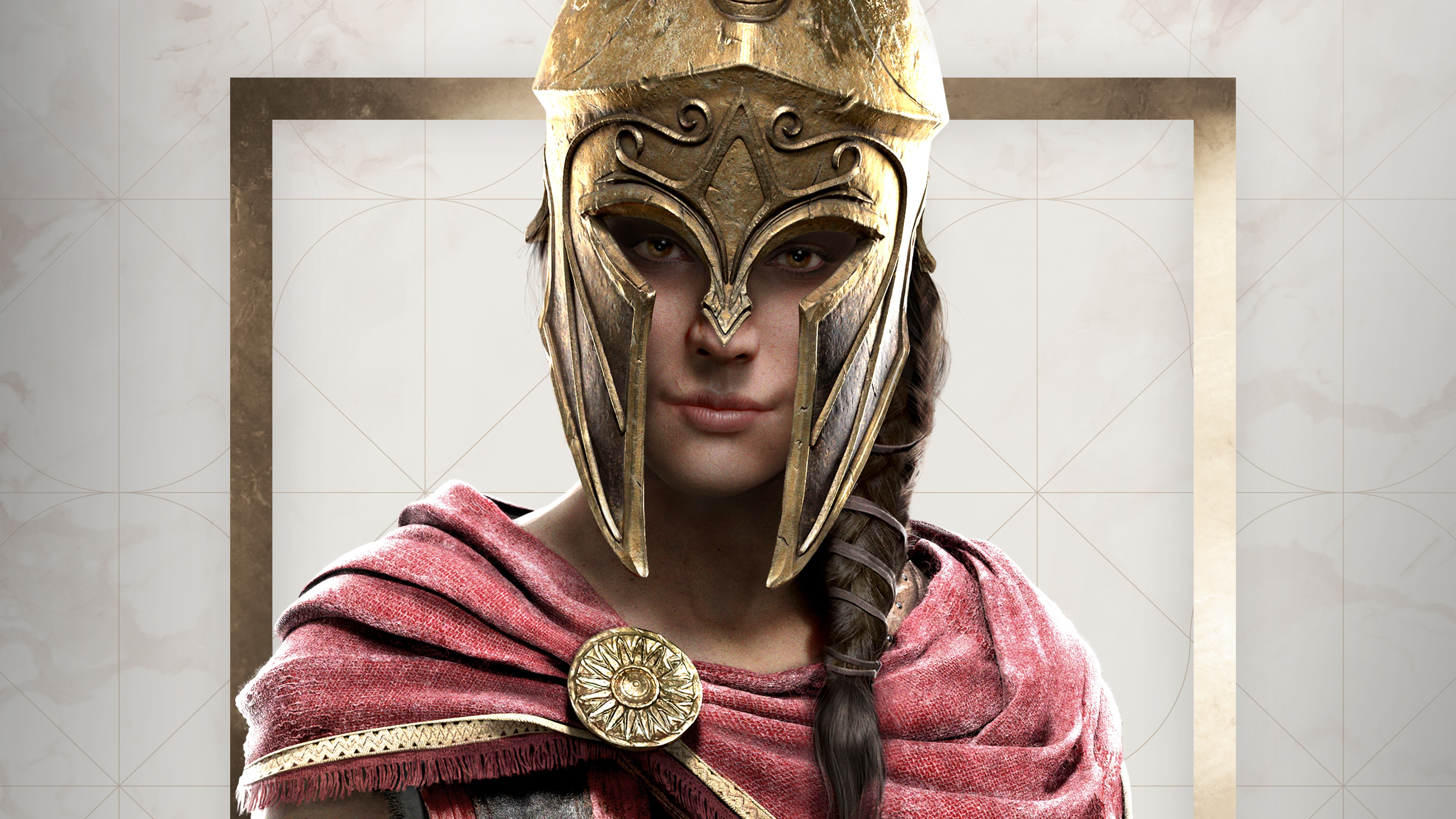 8K, Assassins Creed Odyssey, blue background, Assassins Creed, Assassins Creed: Odyssey, warrior, helmet, Kassandra, HD Wallpaper